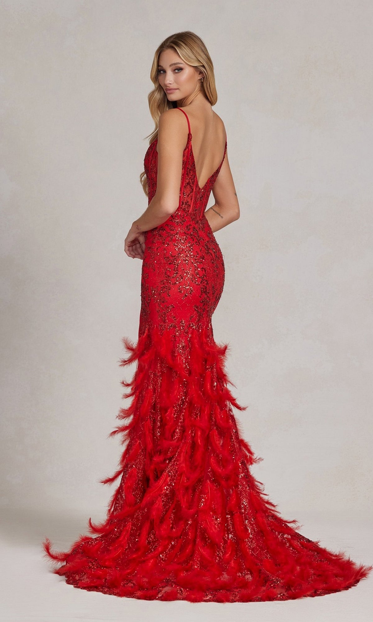 Open-Back Shimmer Prom Dress with Feather Skirt