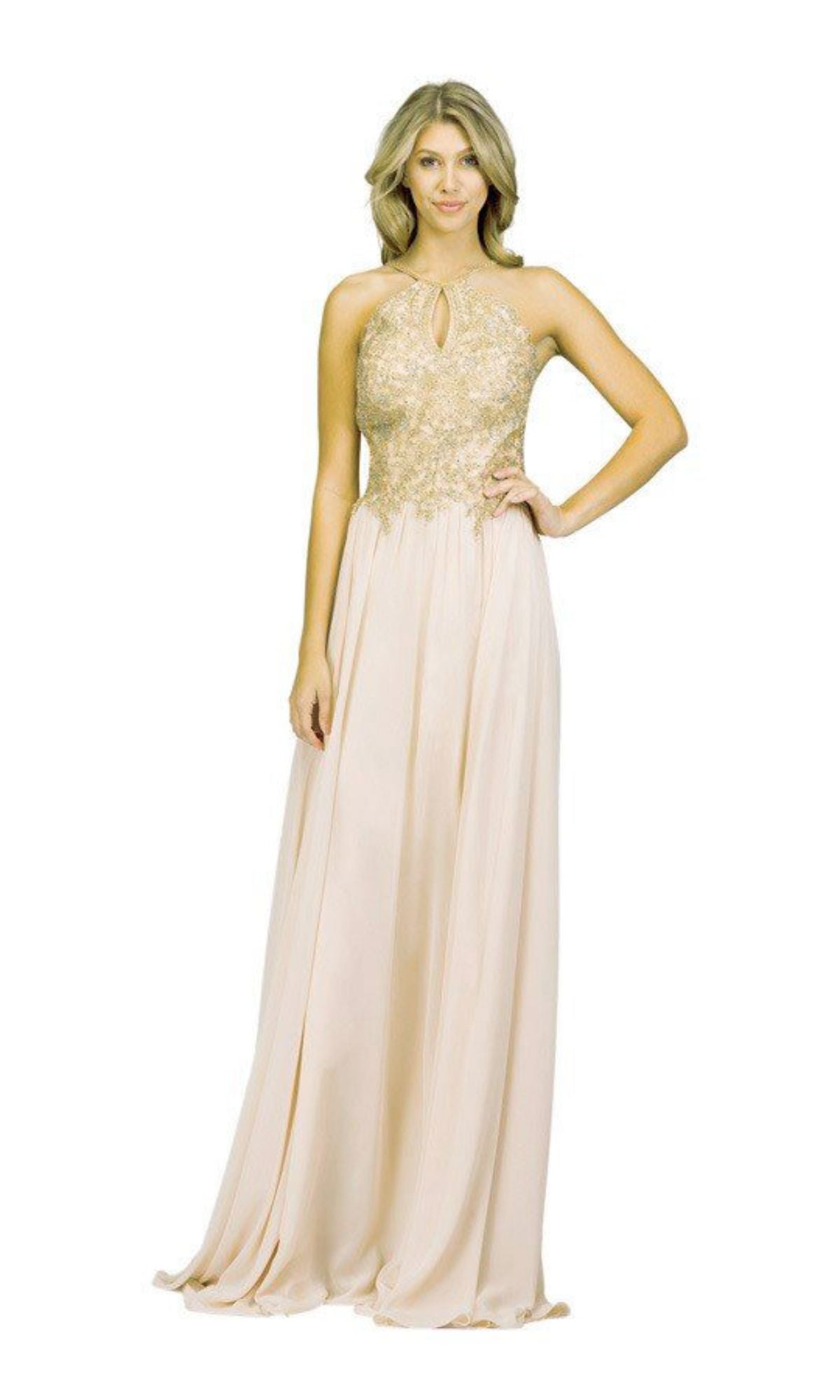 A woman stands against a white background wearing the Chicas C1521 High-Neck Long A-Line Prom Dress, featuring a floor-length pale pink design with golden lace embroidery on the bodice and a flowing skirt.