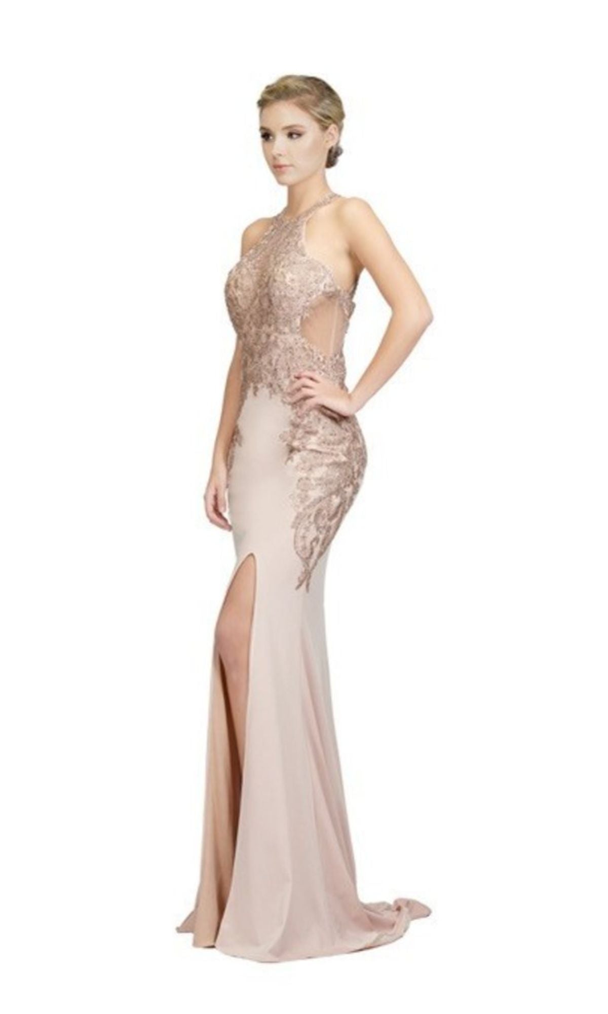 A woman models the Chicas C1541 Sheer Illusion-Sides Long Prom Dress—floor-length blush pink with a high neck, gold embroidered lace, and a thigh-high slit—posed against a plain white background.