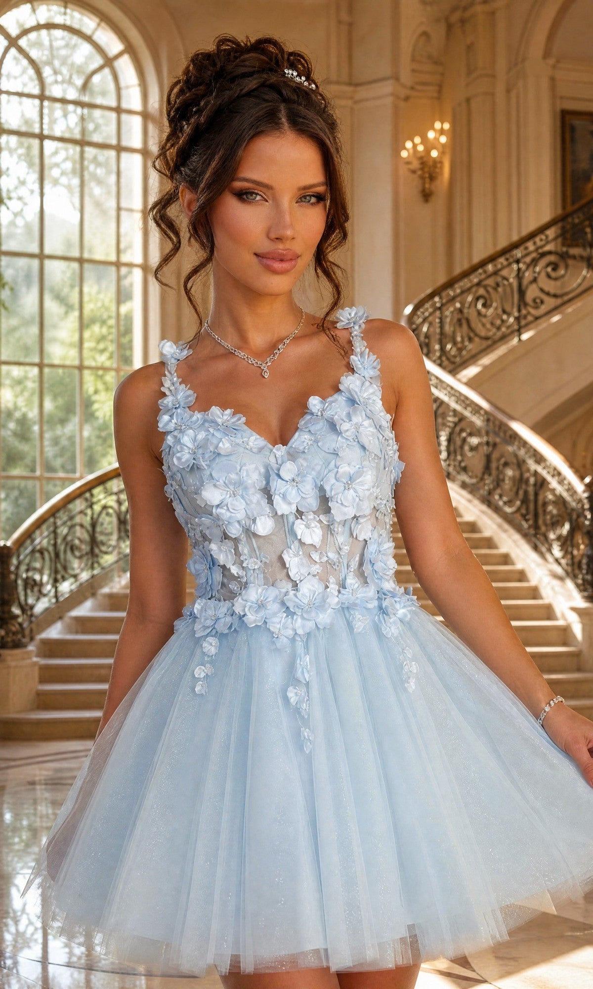 A woman wears the Floral-Bodice Short Babydoll Homecoming Dress C321 in baby blue, standing indoors before an ornate staircase and large window, looking at the camera.