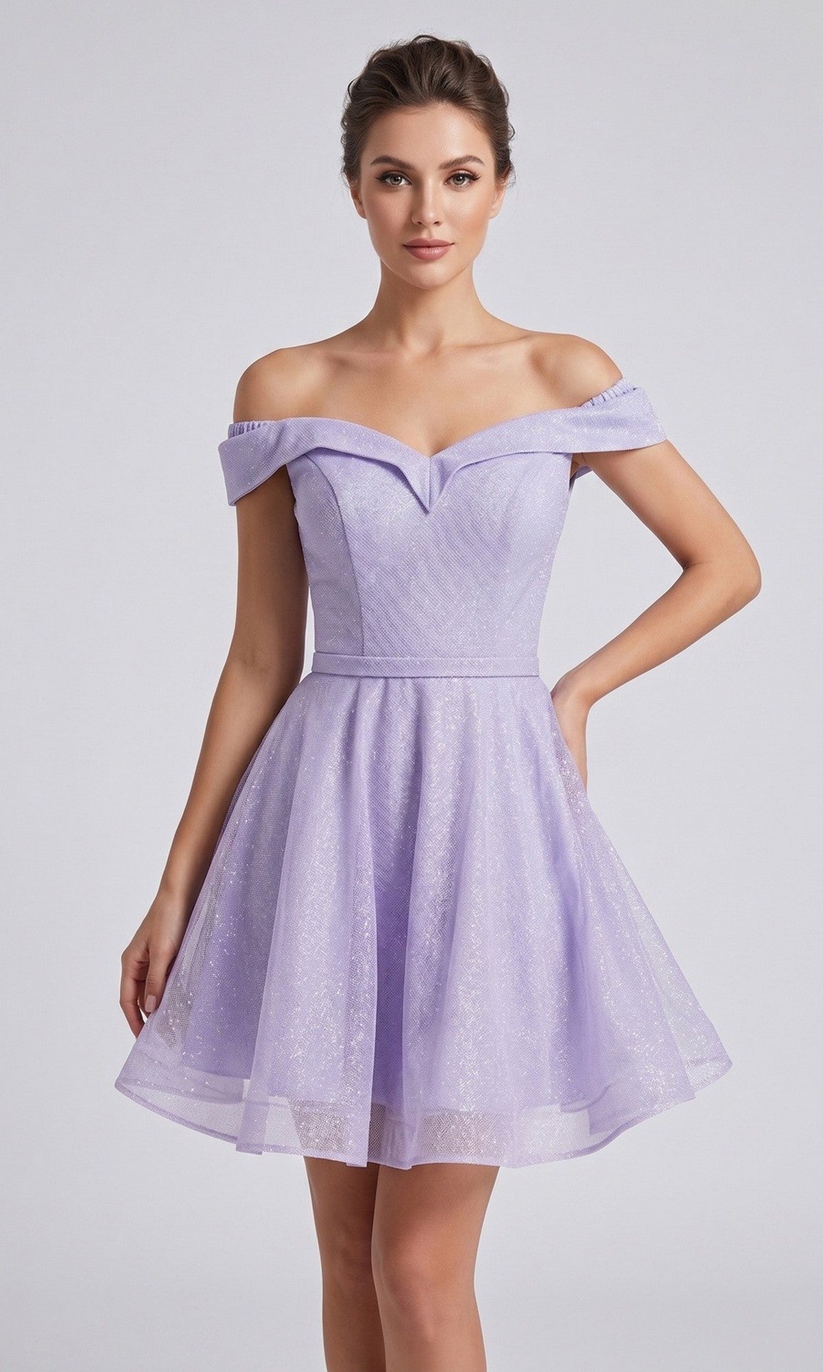 A woman poses against a plain background wearing the Short Homecoming Dress: Chicas C323 in lavender, featuring an off-the-shoulder neckline and a flattering fit-and-flare silhouette.