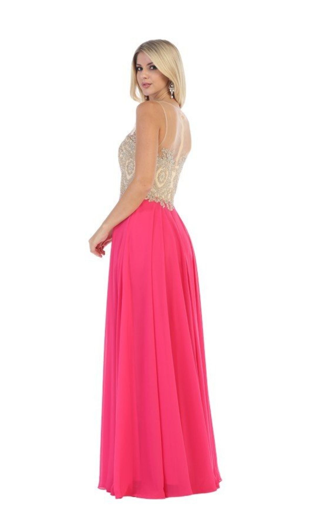 A woman models the Embroidered-Bodice Long Prom Dress: Chicas C3320, featuring a sleeveless beige top with gold embroidery and a flowing bright pink A-line skirt, standing against a white background.