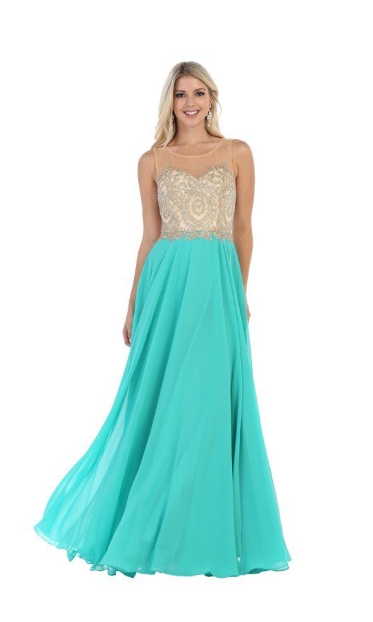 A woman wears the Chicas C3320 Embroidered-Bodice Long Prom Dress—sleeveless, aqua blue with a beige bodice adorned in gold embroidery—posing against a white background.