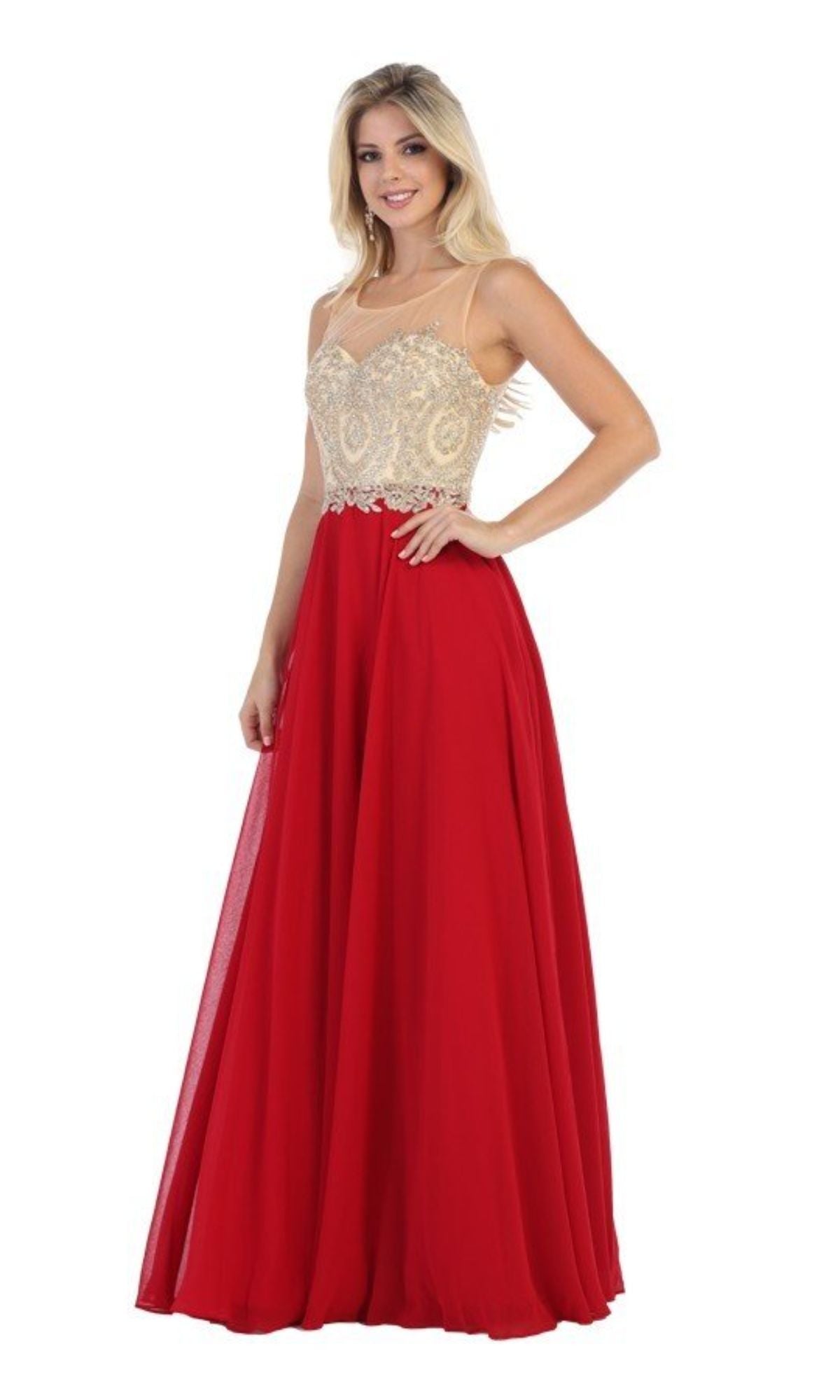 A woman wears the Embroidered-Bodice Long Prom Dress: Chicas C3320, featuring a sleeveless design with a fitted beige bodice embellished with gold embroidery and a flowing red skirt.