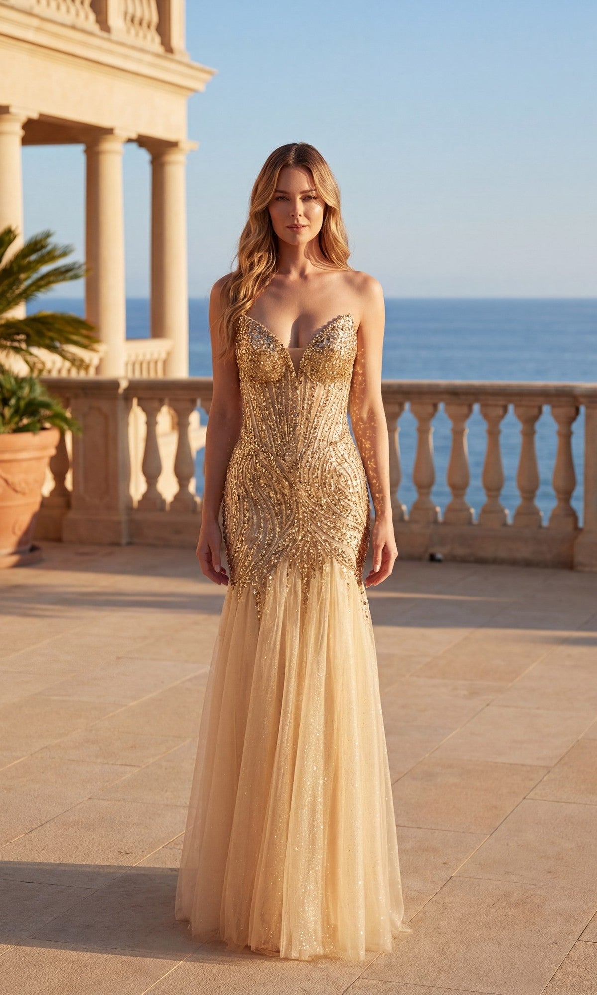A woman stands outdoors by a stone balcony, wearing the Chicas C345 Long Prom Dress in champagne, featuring a strapless sequin mermaid design with intricate beading and a tulle skirt. The sea and clear sky are in the background.