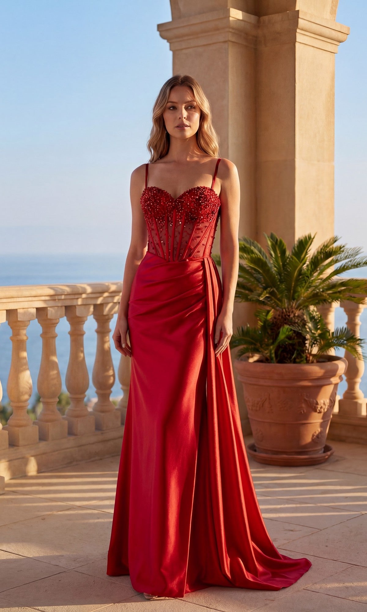 A woman stands on a stone terrace in the Chicas C361 long red prom dress, featuring a beaded bodice and sweetheart neckline with an elegantly draped skirt; a potted plant and ocean view complete the scene.