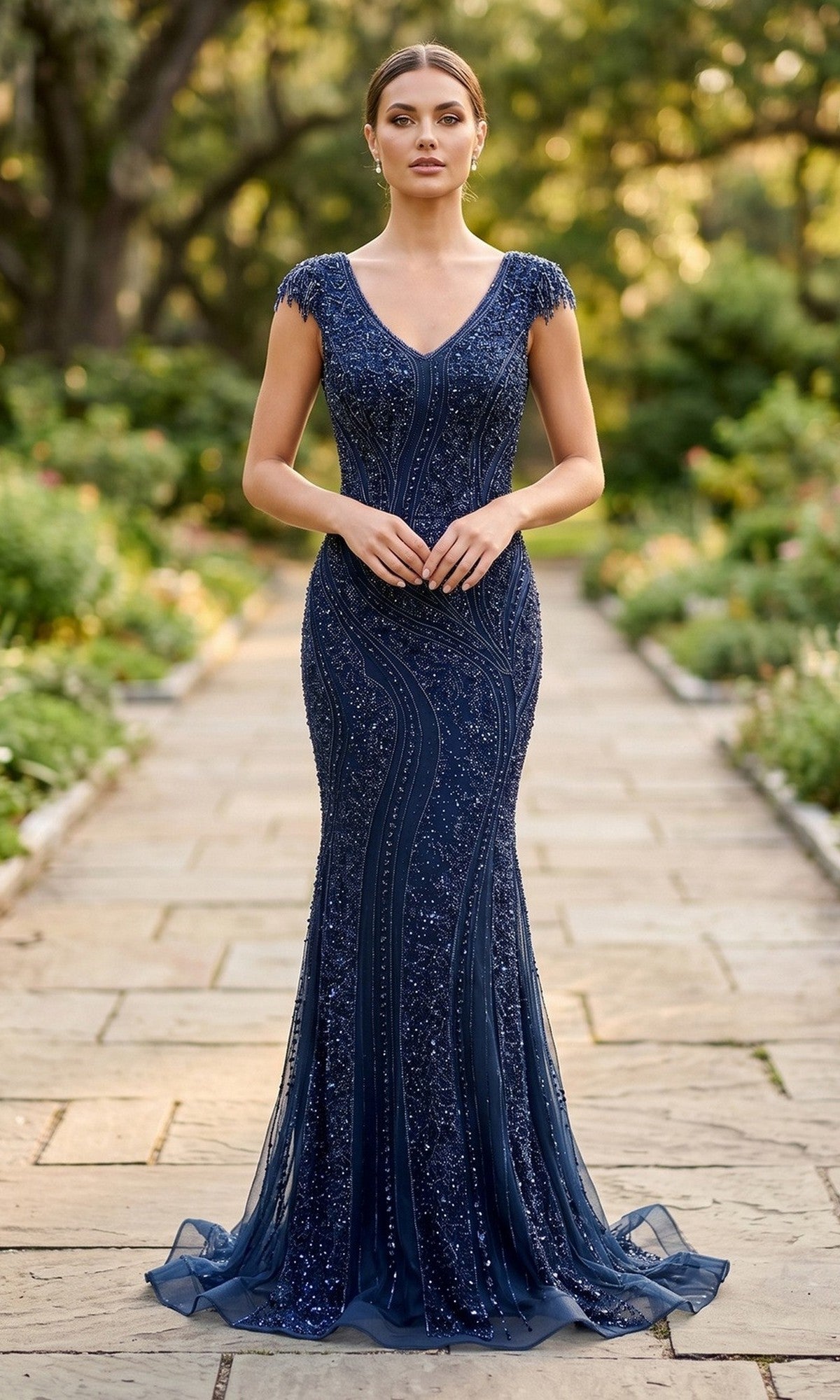 A woman stands on a stone path in a garden, wearing the navy Long Formal Dress: Chicas C389, a fitted floor-length gown featuring intricate beadwork, short sleeves, and a subtle mermaid silhouette.