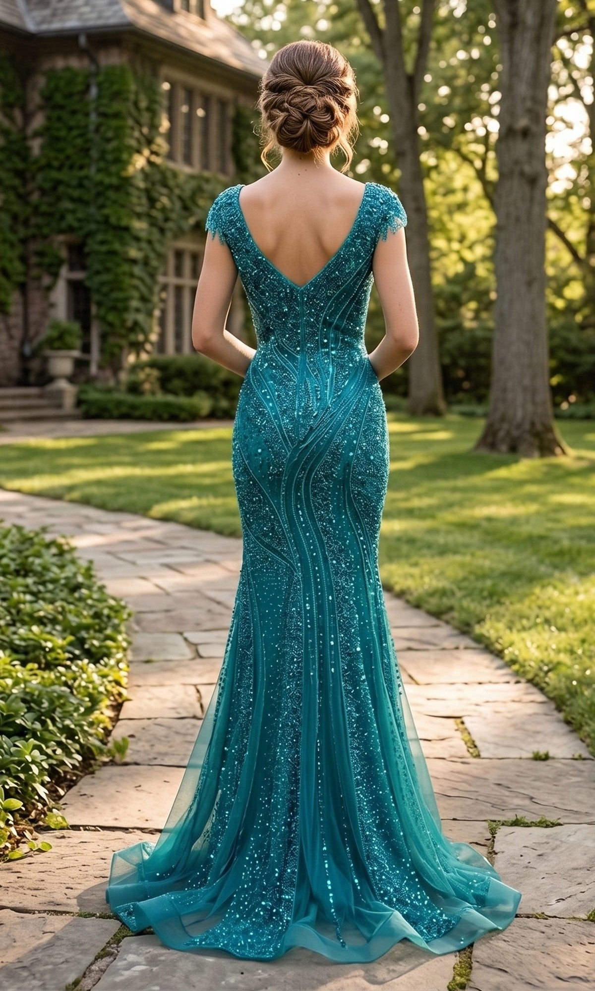 Wearing the Chicas C389 Long Formal Dress, a woman stands on a garden stone path facing away from the camera, with a house and trees in the background.