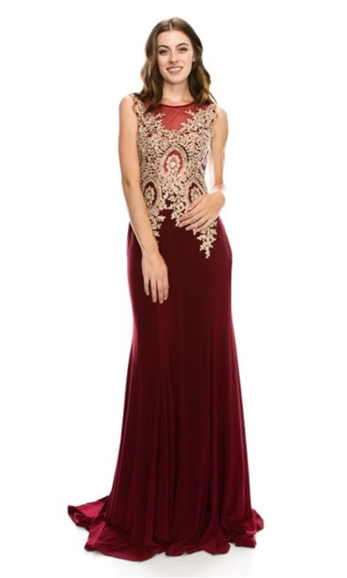 A woman models the Chicas C4233 Gold-Embroidered Long Prom Dress—a sleeveless, floor-length burgundy gown with gold embroidery on the bodice—against a white background.