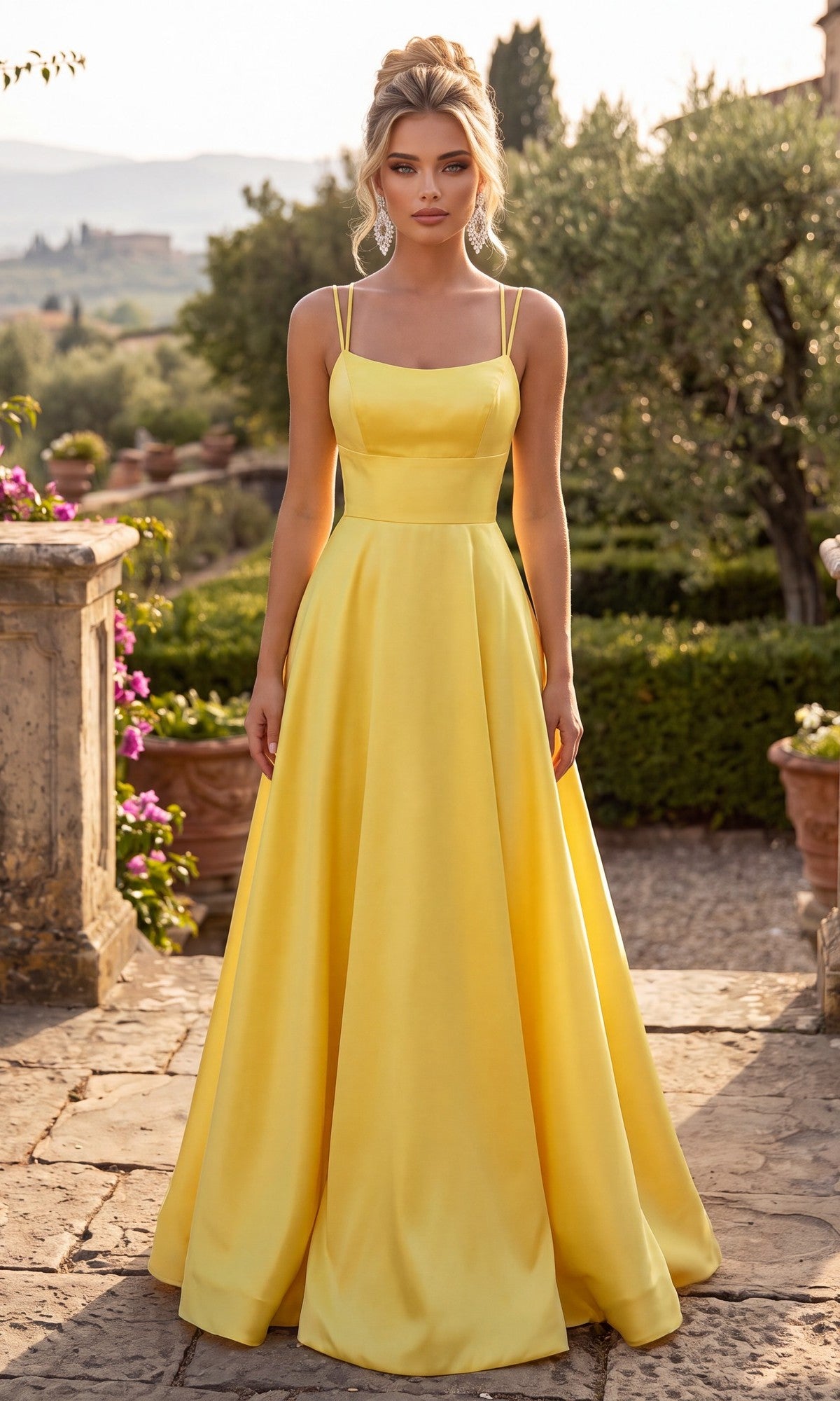 A woman wearing the Chicas C7070 long yellow prom dress stands outdoors on a stone path, surrounded by greenery and potted plants under soft natural sunlight.
