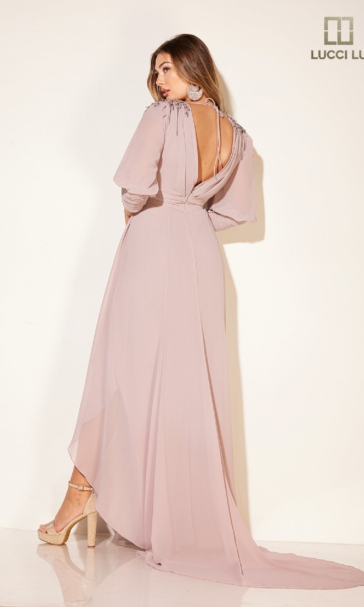 A woman models the Lucci Lu C8092, a floor-length light mauve formal dress with long sheer sleeves and an open back, posing with her back to the camera against a plain light-colored wall.