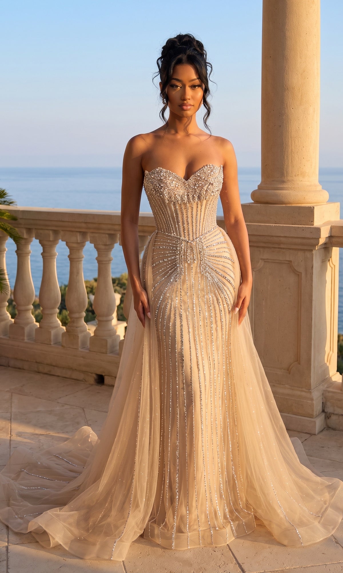 A woman stands on a stone terrace with an ocean view and balustrade, wearing the Chicas C846 Strapless Long Beaded Formal Dress, which features a fitted gold bodice adorned with sparkling embellishments.