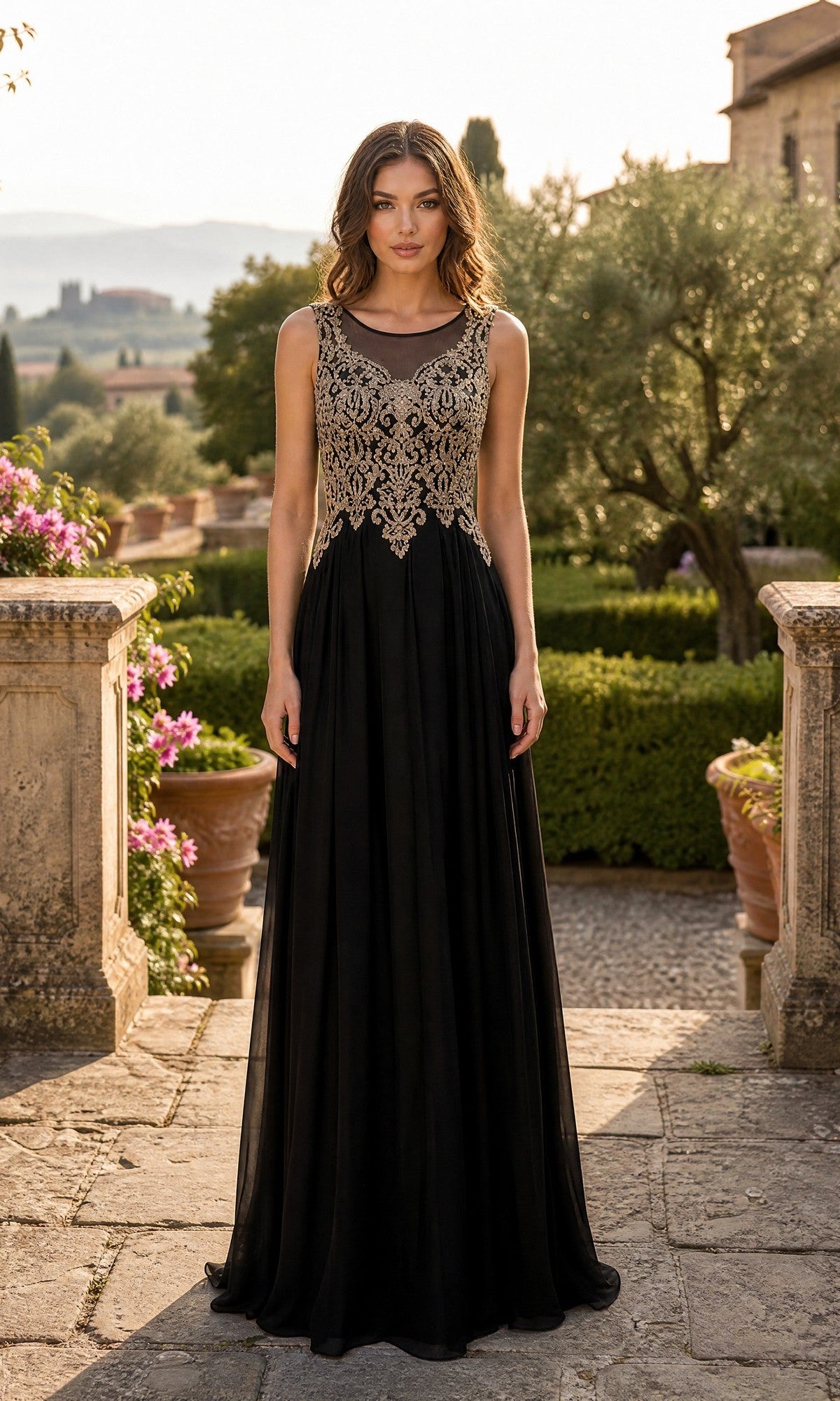 A woman stands outdoors in a garden, wearing the Chicas C9156 Gold-Lace Bodice Long Prom Dress in black and gold, featuring a sleeveless a-line silhouette with intricate gold embroidered lace on the bodice.