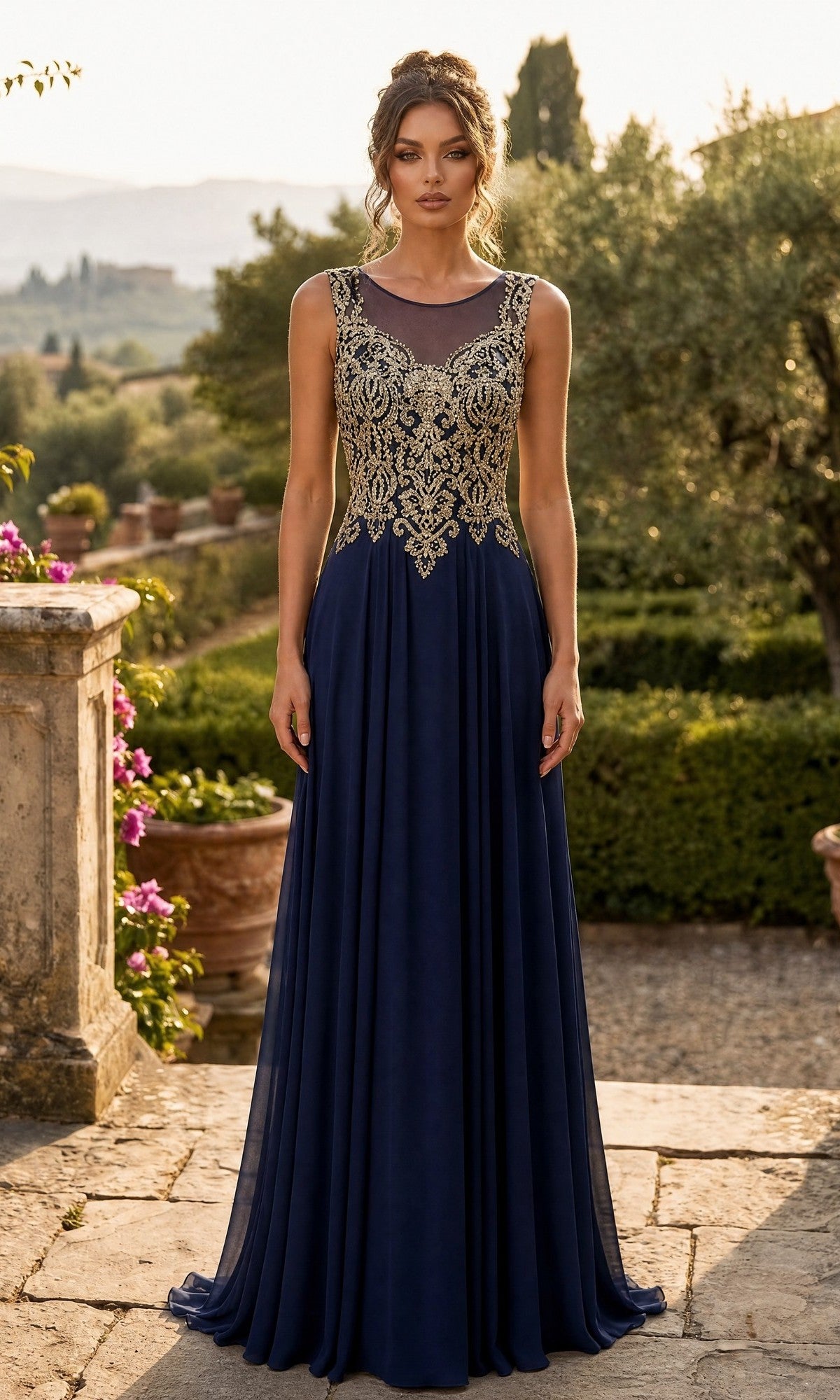 A woman stands outdoors surrounded by greenery and flowers, wearing the Chicas C9156 Gold-Lace Bodice Long Prom Dress in Navy/Gold, featuring a sleeveless A-line design with gold embroidered lace on the bodice.