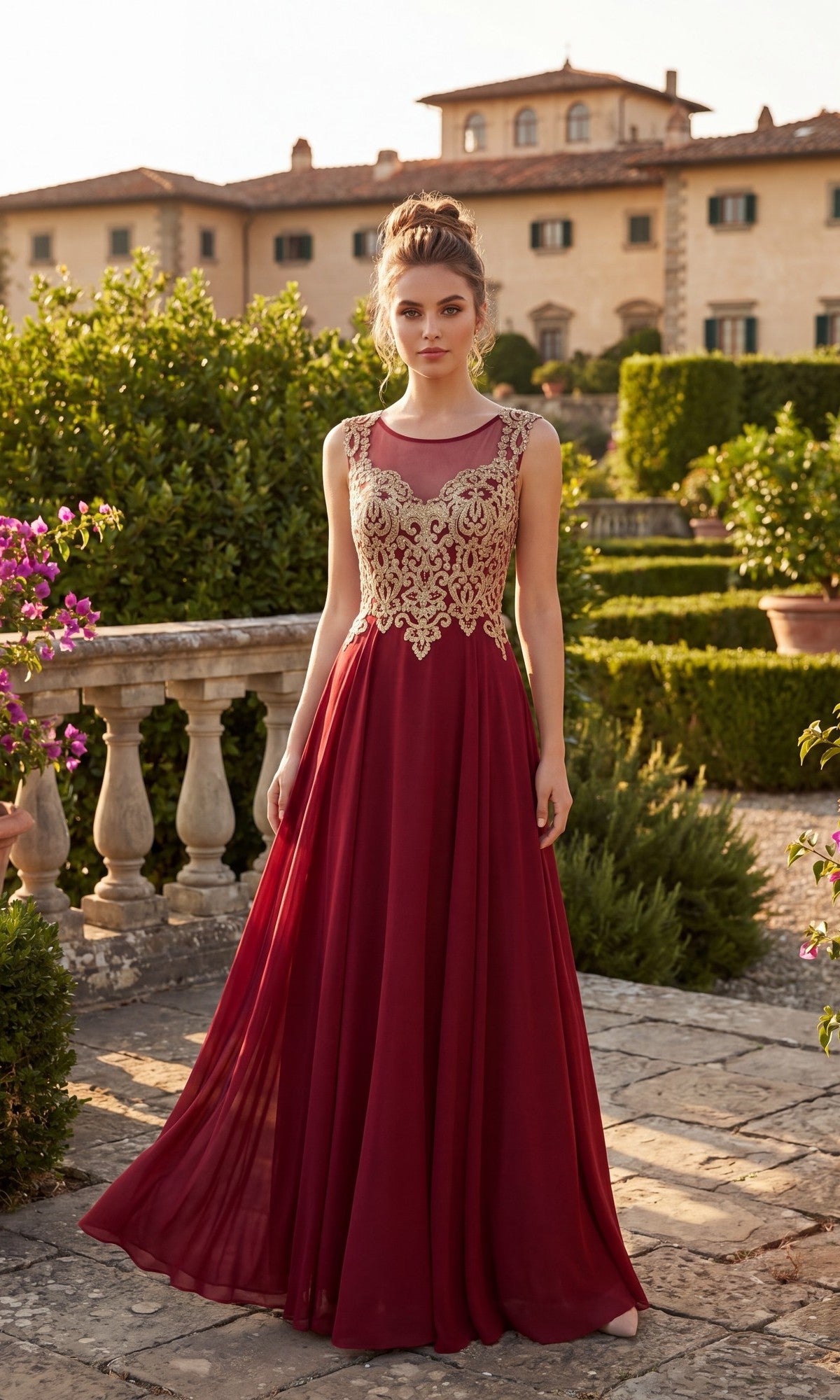 A woman stands in a garden with stone paths, lush greenery, and a large building in the background, wearing the Chicas C9156 Gold-Lace Bodice Long Prom Dress in Burgundy/Gold.