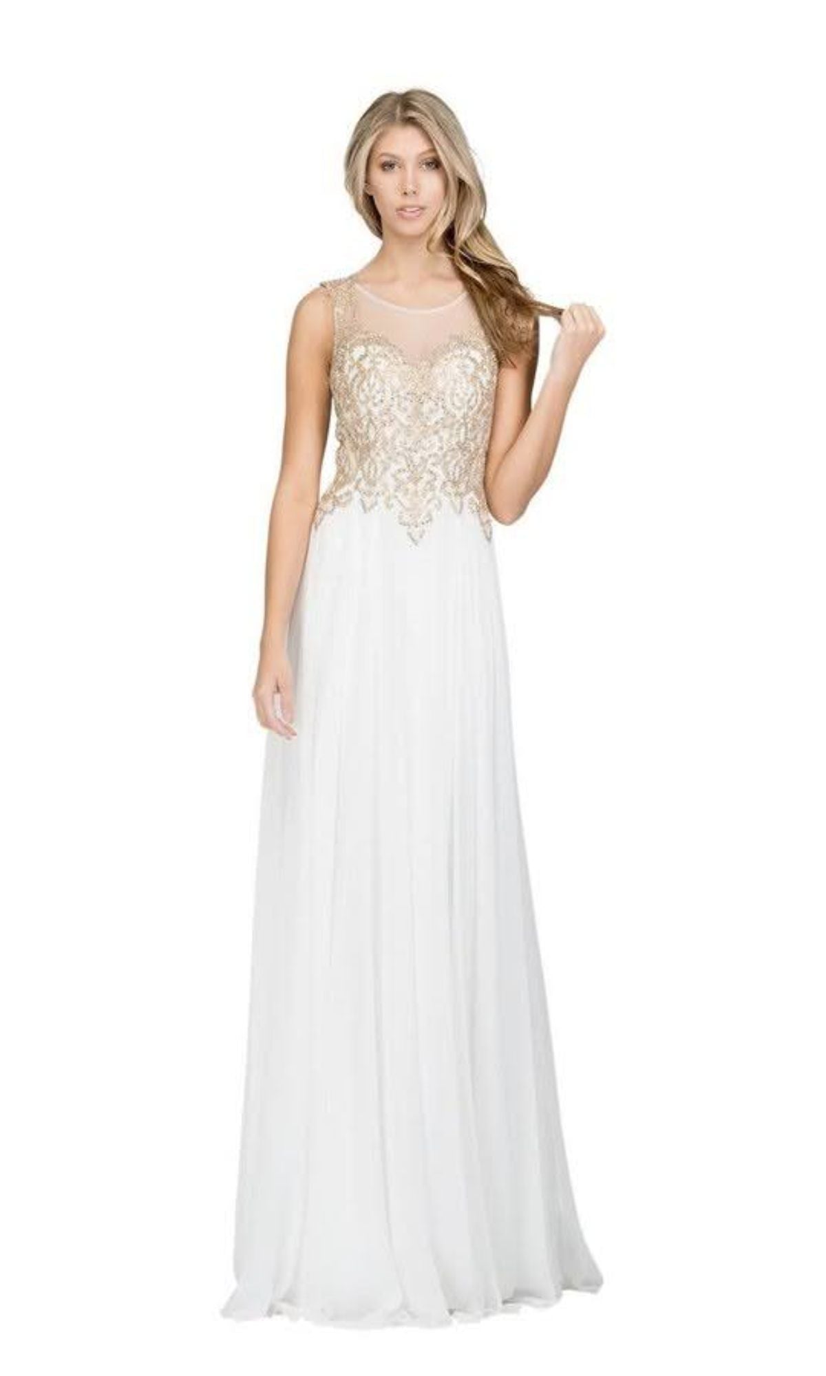 A woman models the Chicas C9156 Gold-Lace Bodice Long Prom Dress—a white, floor-length gown with a sheer, sleeveless bodice and gold embroidered lace—set against a plain white background.
