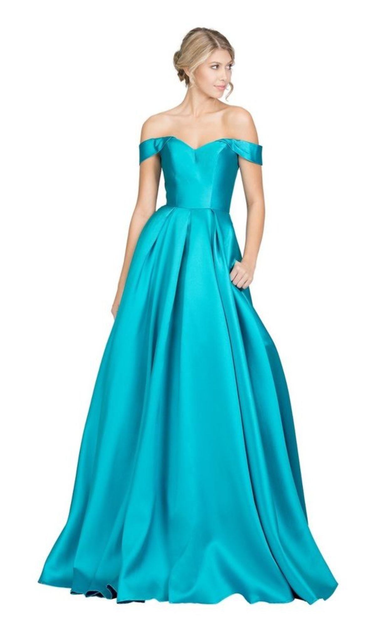 A woman stands gracefully, one hand in her pocket, wearing the Chicas C9197 Off-the-Shoulder Long Prom Ball Gown with a fitted bodice and full skirt in turquoise.