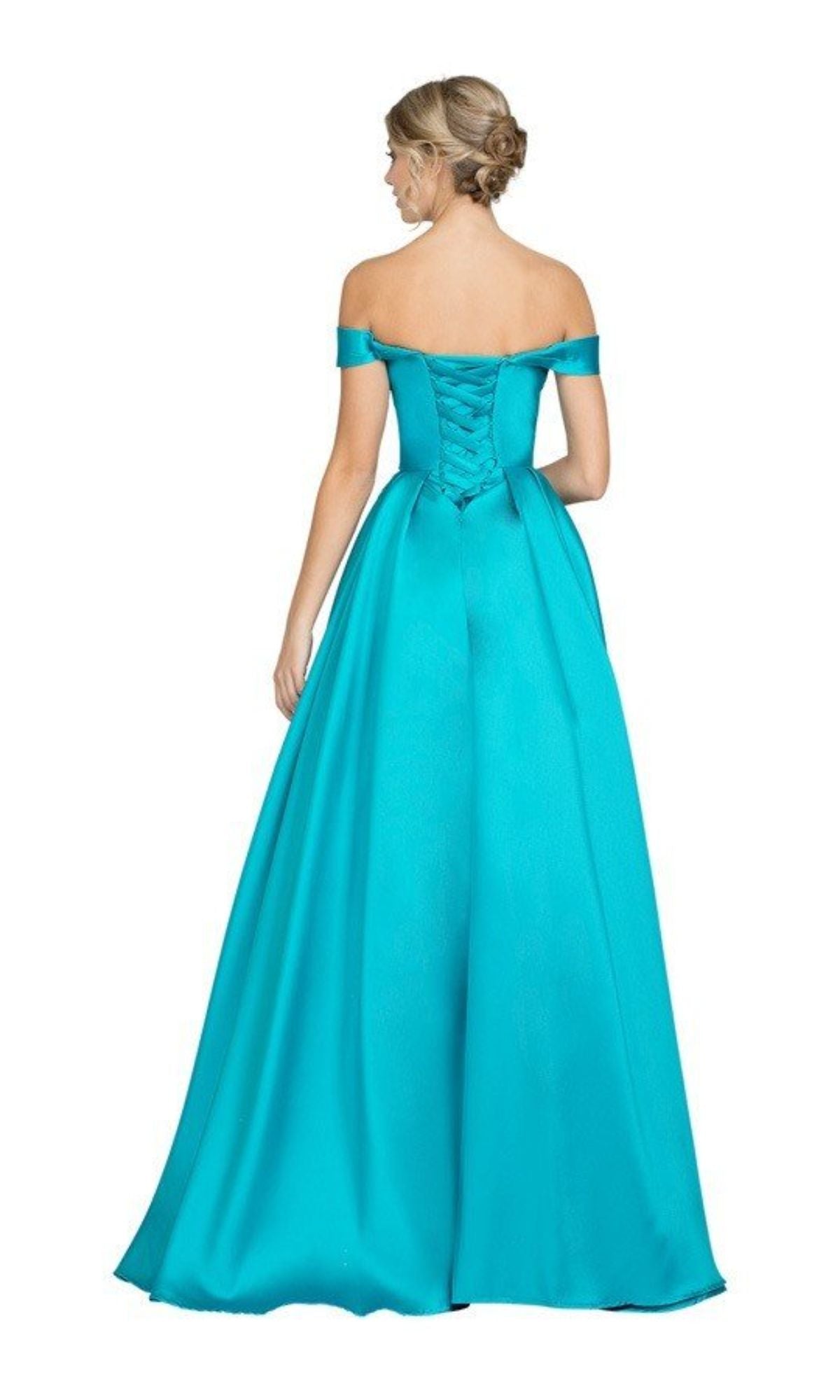 A woman is seen from behind wearing the Chicas C9197 Off-the-Shoulder Long Prom Ball Gown in turquoise, featuring a lace-up back and floor-length skirt, set against a plain white background.