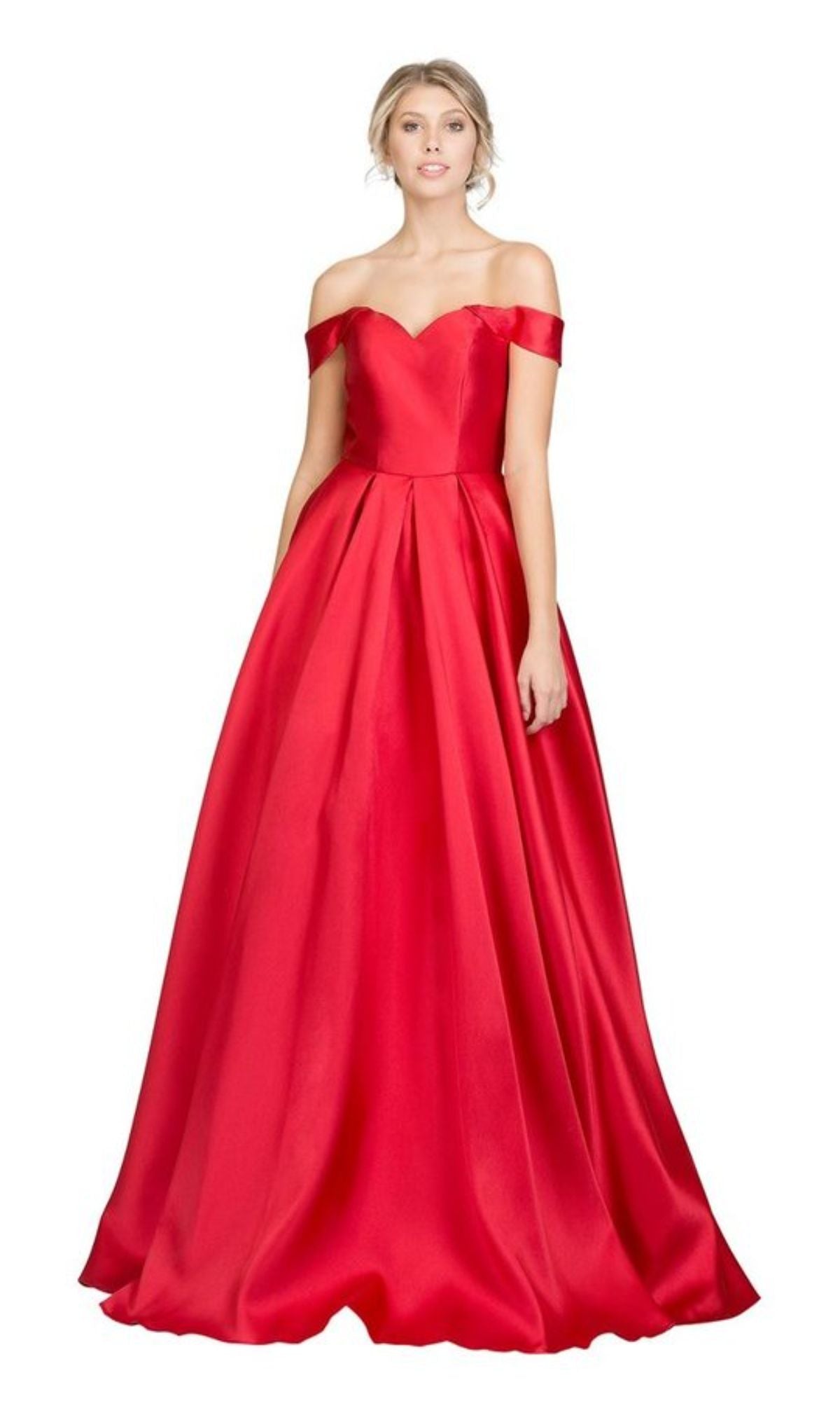 A woman faces forward against a white background, wearing the Off-the-Shoulder Long Prom Ball Gown: Chicas C9197, a floor-length red satin dress.