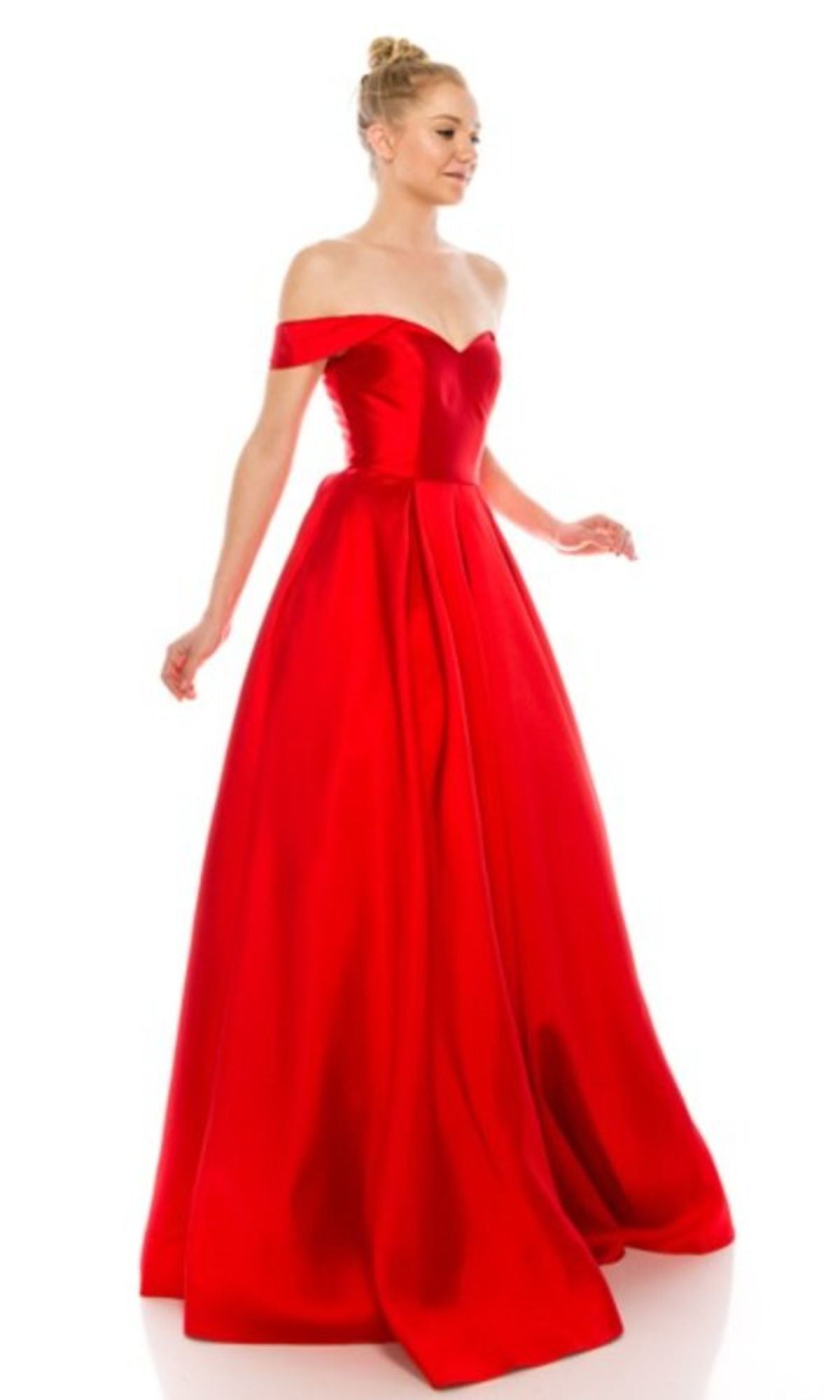 Woman wears the Off-the-Shoulder Long Prom Ball Gown: Chicas C9197, featuring a bright red fitted bodice and full skirt, against a white background.