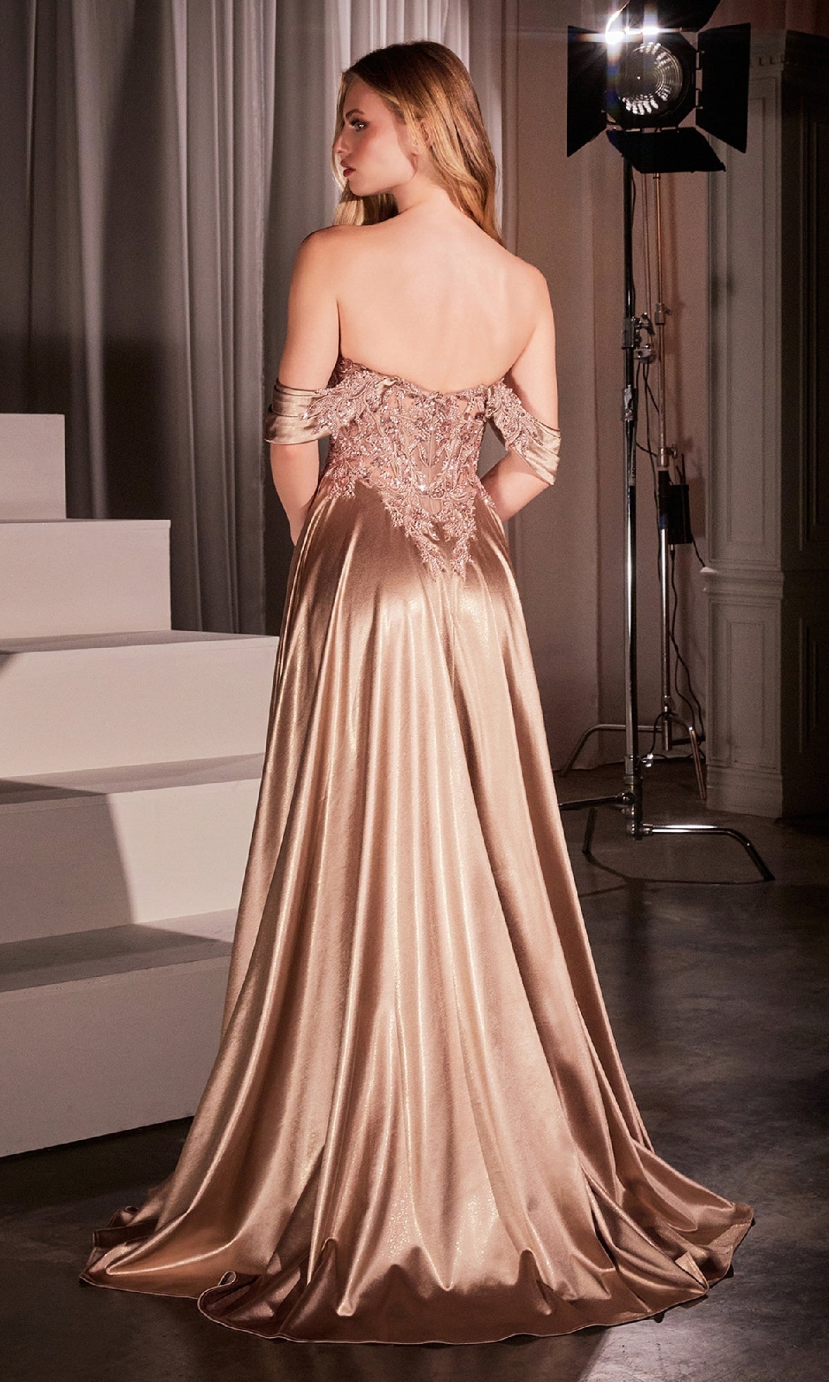 A woman faces away from the camera, wearing the Off-the-Shoulder Prom Ball Gown: Ladivine CDS525—a floor-length metallic dress with lace bodice detailing.