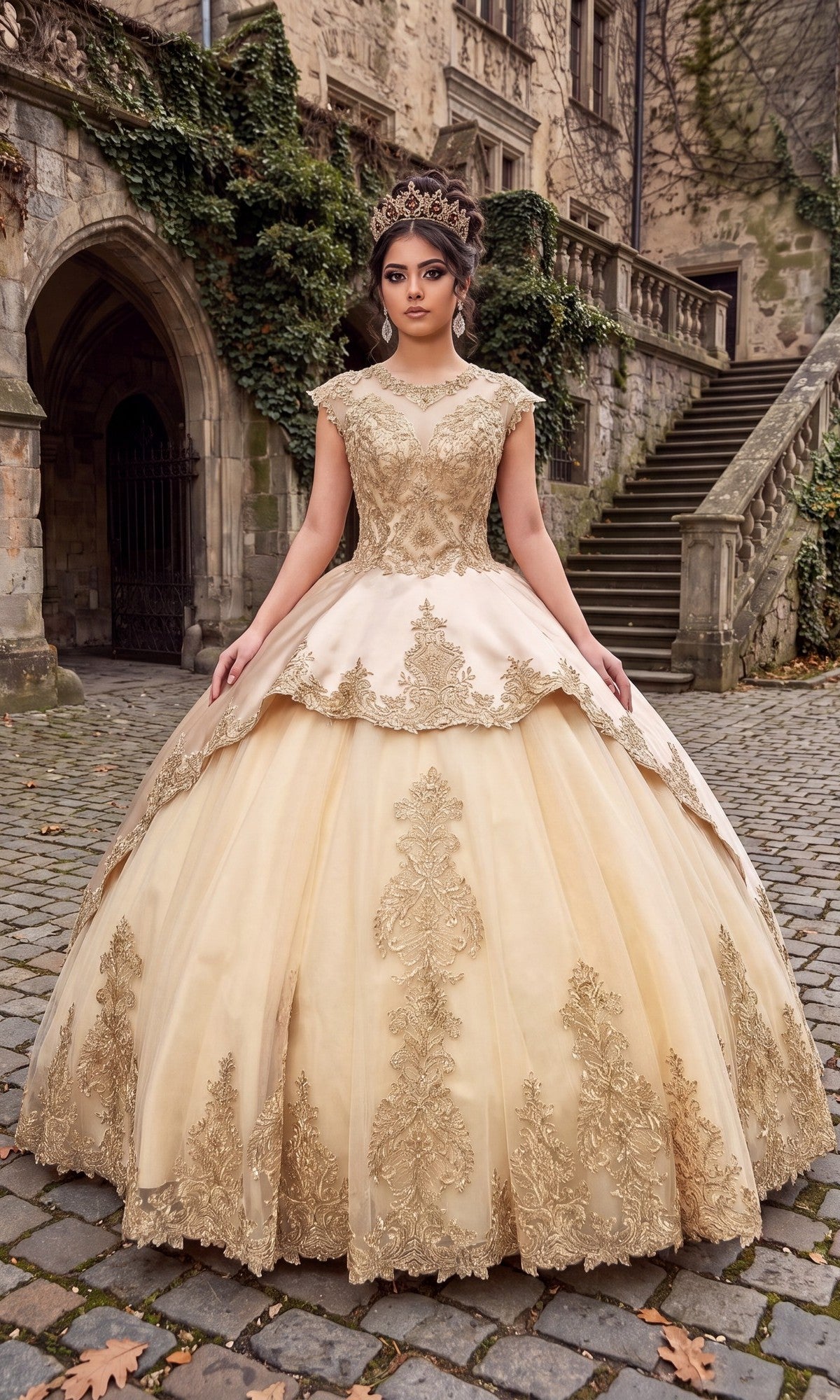 Wearing the Quinceanera Dress CHF3003 By Chicas in radiant gold, a woman stands on cobblestone outside a historic stone building, the voluminous ballgown skirt and delicate illusion neckline complemented by ivy and stairs in the background.