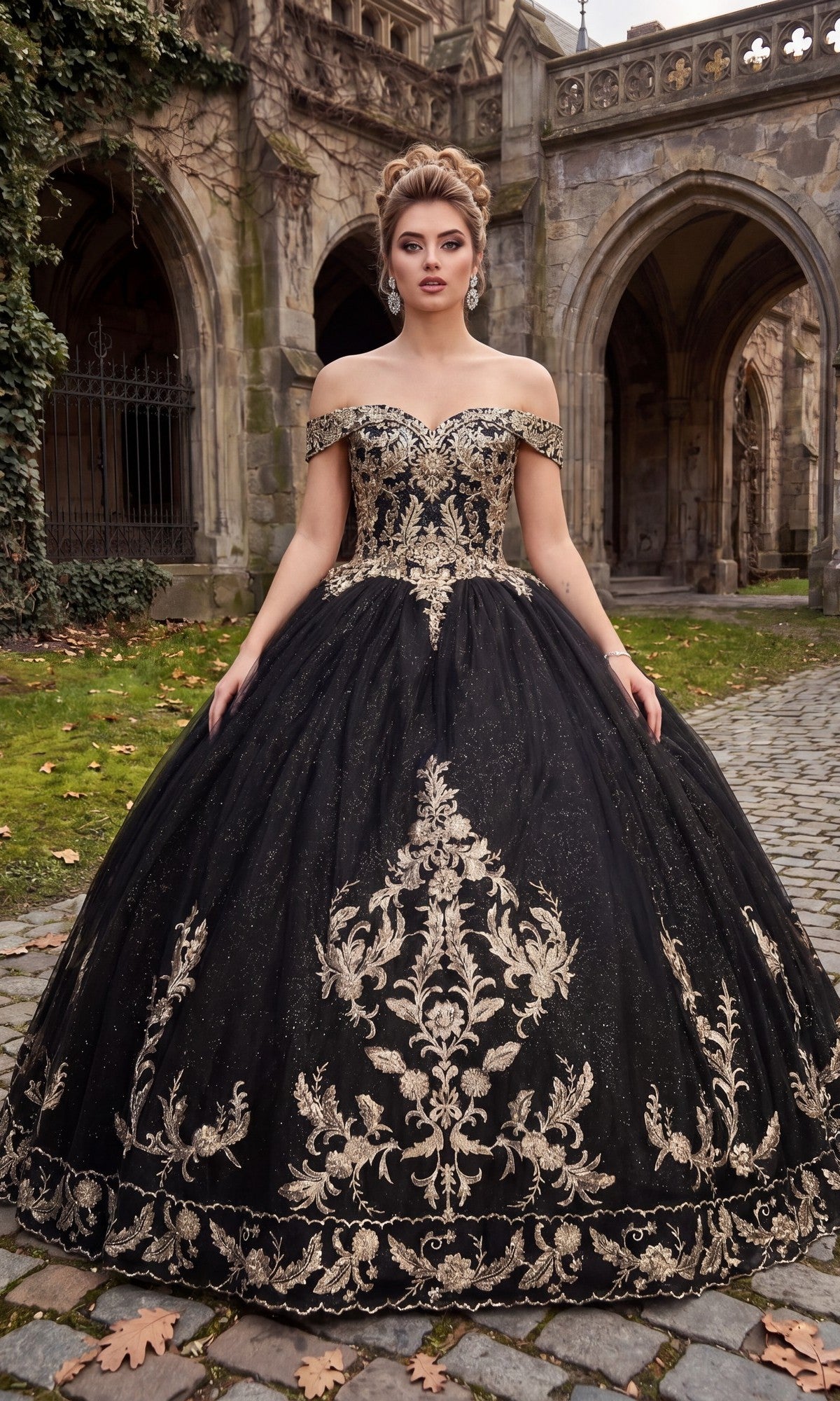 A woman stands outdoors in front of a stone building, wearing the Quinceanera Dress CHF3006 by Chicas, featuring an off-the-shoulder design in striking Black/Gold with intricate gold embroidery and a full, shimmering glitter tulle ballgown skirt that catches the sunlight beautifully.