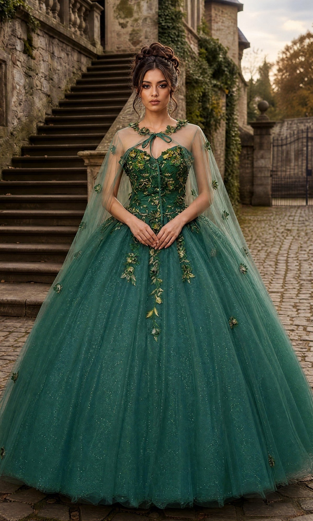 A woman stands on a cobblestone path near stone stairs and an old building, wearing the Quinceanera Dress CHF3012 By Chicas in Hunter Green/Gold, featuring ornate 3D floral accents and a sheer cape.