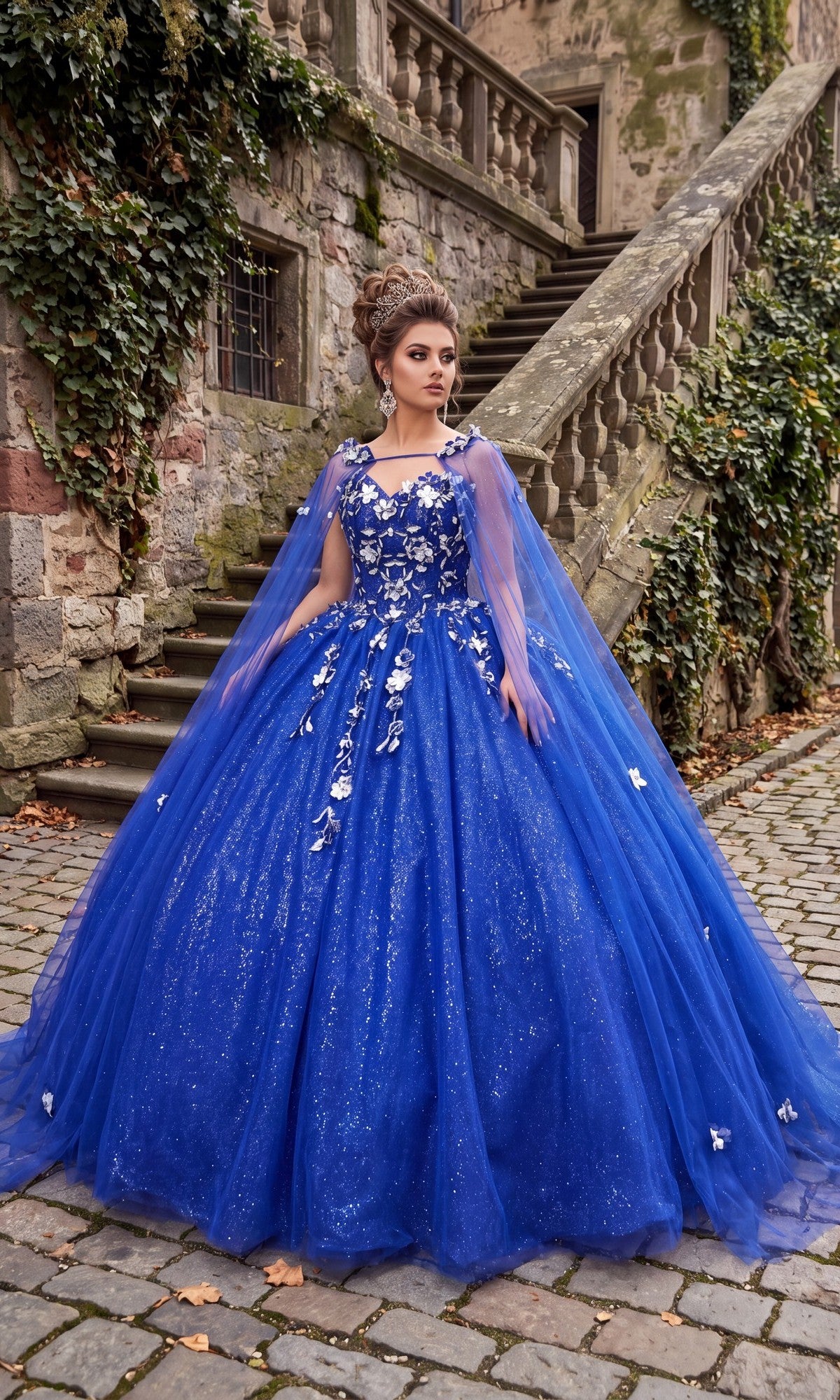 A woman in the Quinceanera Dress CHF3012 By Chicas, featuring a sparkling royal blue hue with a full ballgown skirt and delicate 3D floral accents, stands on a cobblestone path by stone steps and ivy-covered walls.