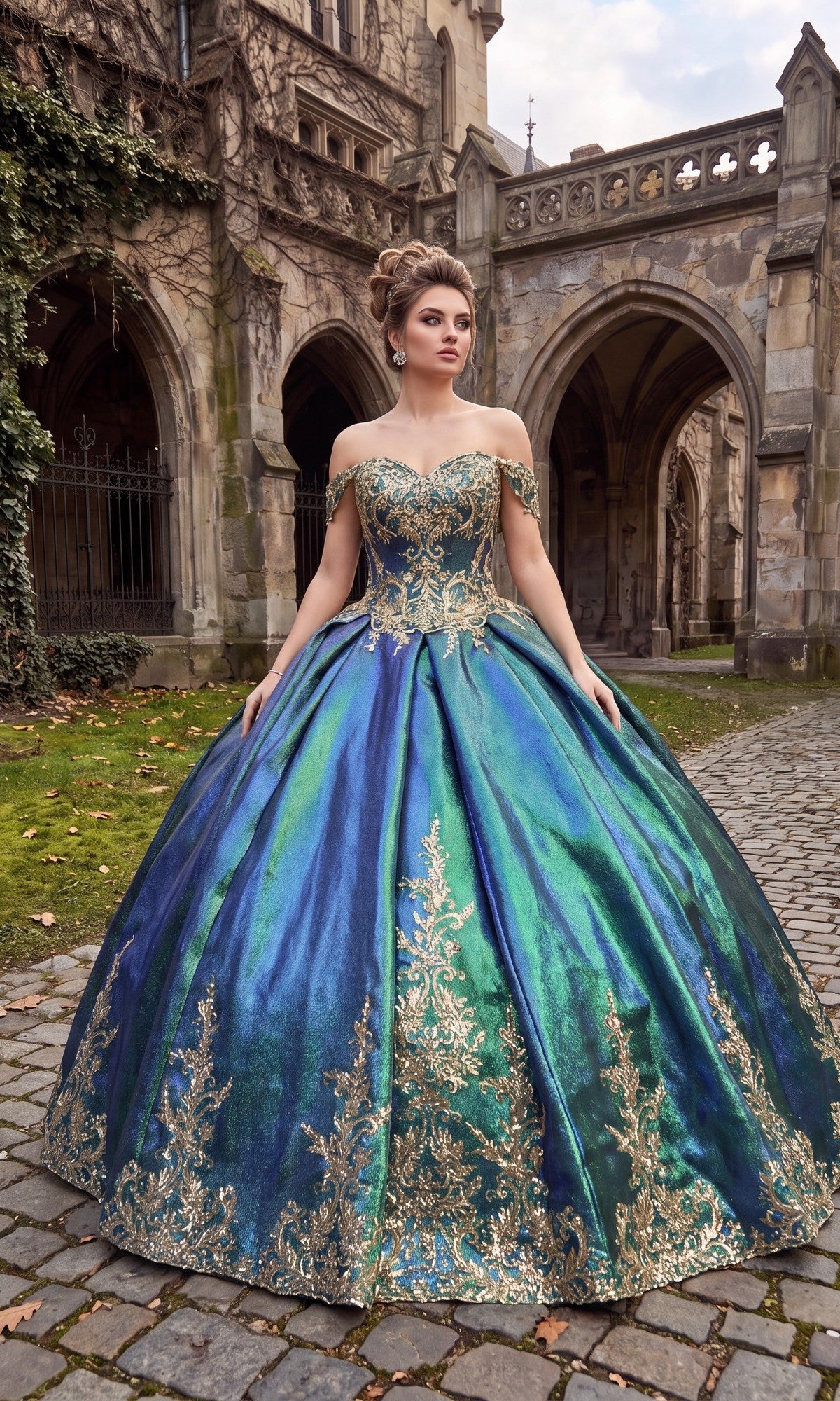 A woman stands on cobblestone in front of a stone building, wearing the Quinceanera Dress CHF3015 by Chicas in hunter green and gold, featuring an off-shoulder design and shimmering gold embellishments adorning its flowing ballgown skirt.