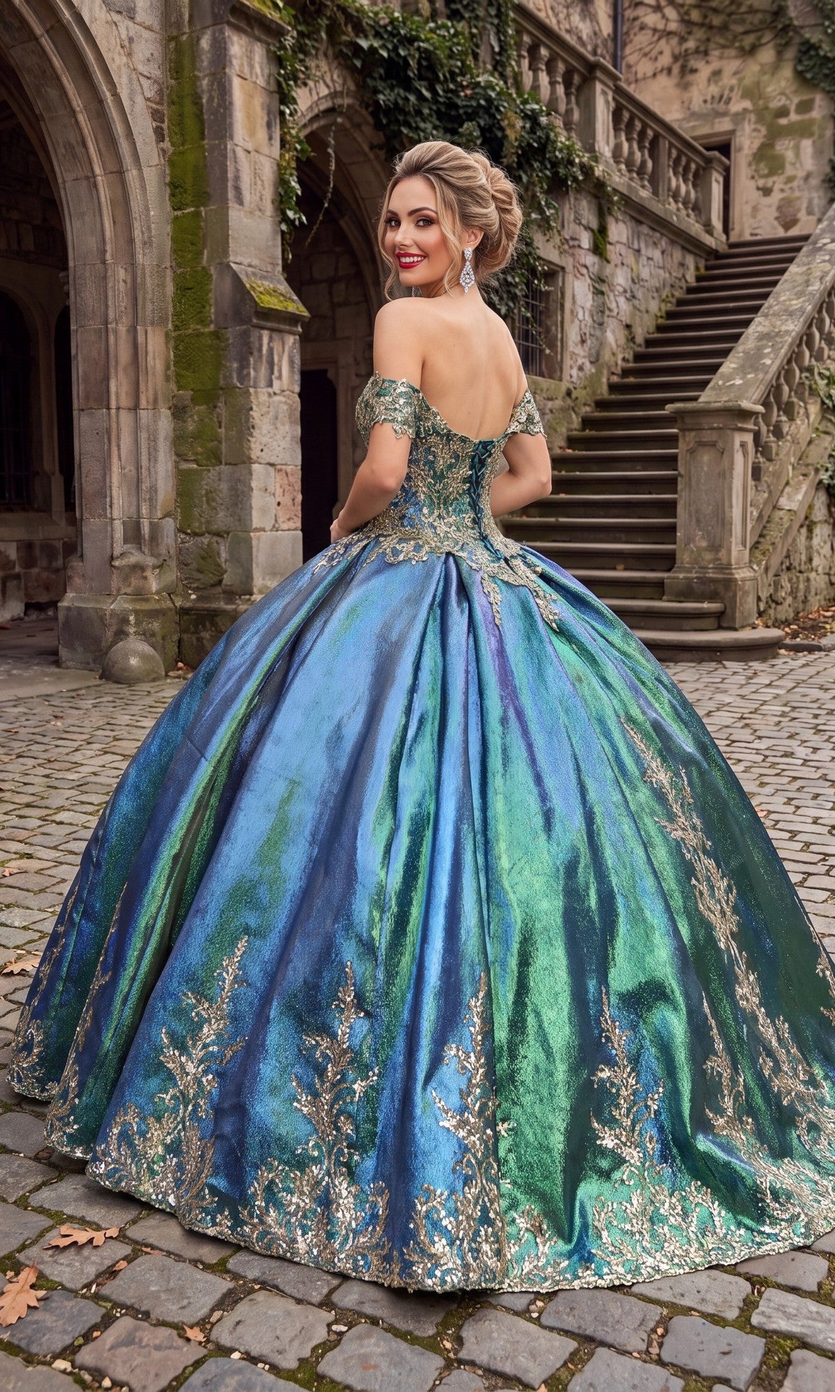 A woman wearing the Quinceanera Dress CHF3015 By Chicas—a blue and green off-shoulder ball gown adorned with gold embellishments—stands on a stone path before an old stone building featuring stairs and arches.