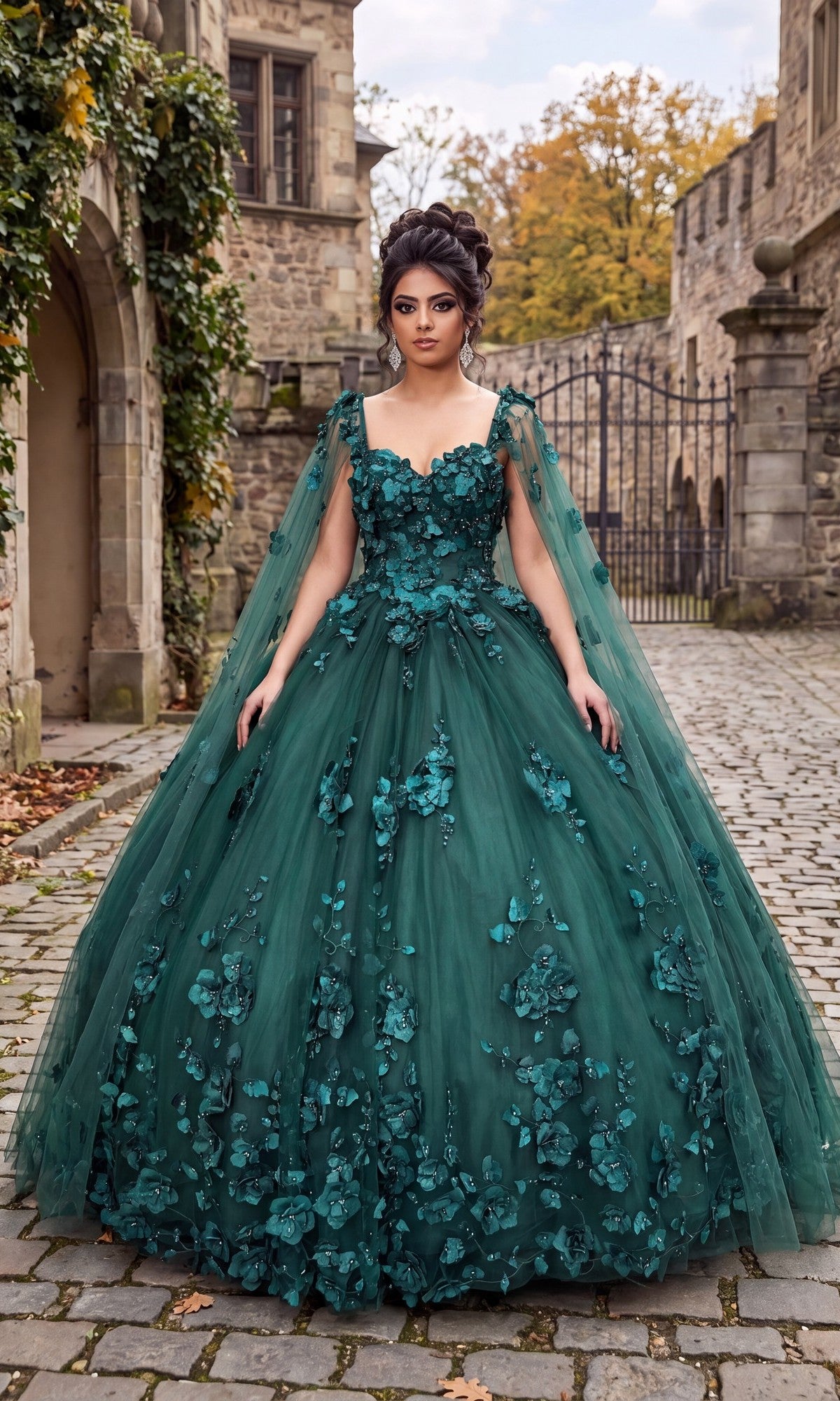 A woman stands on a cobblestone path outside a stone building, surrounded by glowing autumn trees, wearing the Quinceanera Dress CHF3018 by Chicas in green. The ornate off-shoulder ball gown, adorned with floral details, is paired with a delicate two-piece cape that drapes elegantly from her shoulders, adding dramatic flair to this enchanting scene.
