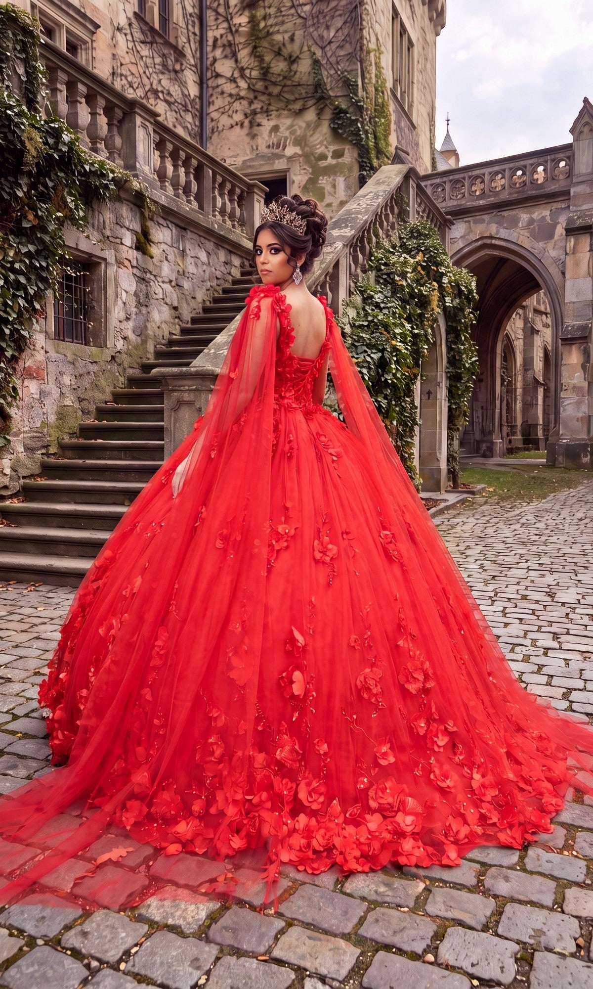 A woman stands on a cobblestone path near an old stone building with ivy and arched doorways, wearing the Quinceanera Dress CHF3018 By Chicas—a bright red, floral ball gown featuring an elegant off-shoulder neckline and a flowing two-piece cape.