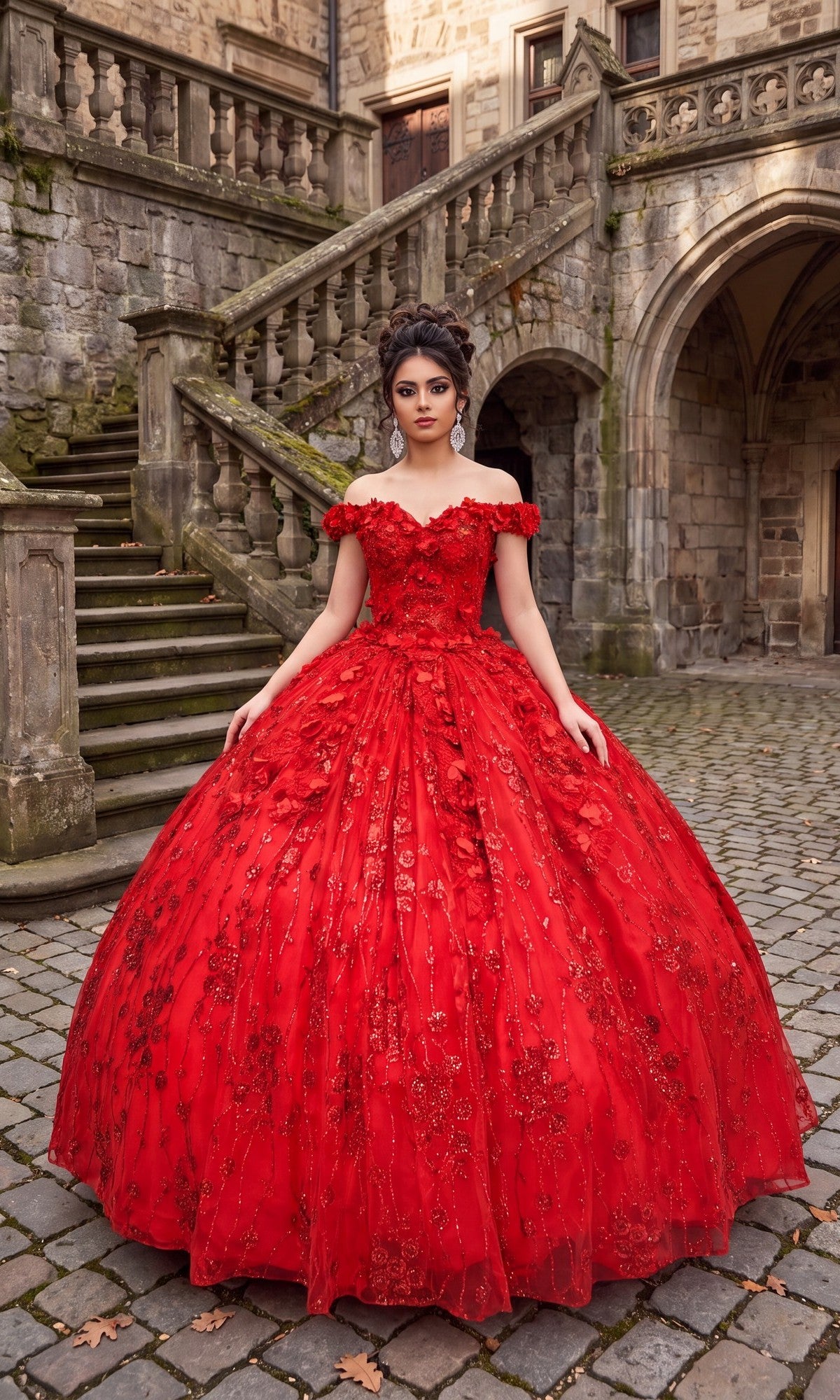 Wearing the Quinceanera Dress CHF3020 By Chicas in striking red, a woman stands on a cobblestone courtyard before a historic stone building adorned with stairs and arches. The elaborate off-the-shoulder gown is beautifully enhanced by delicate 3D flower appliques, adding a romantic touch to her stunning look.