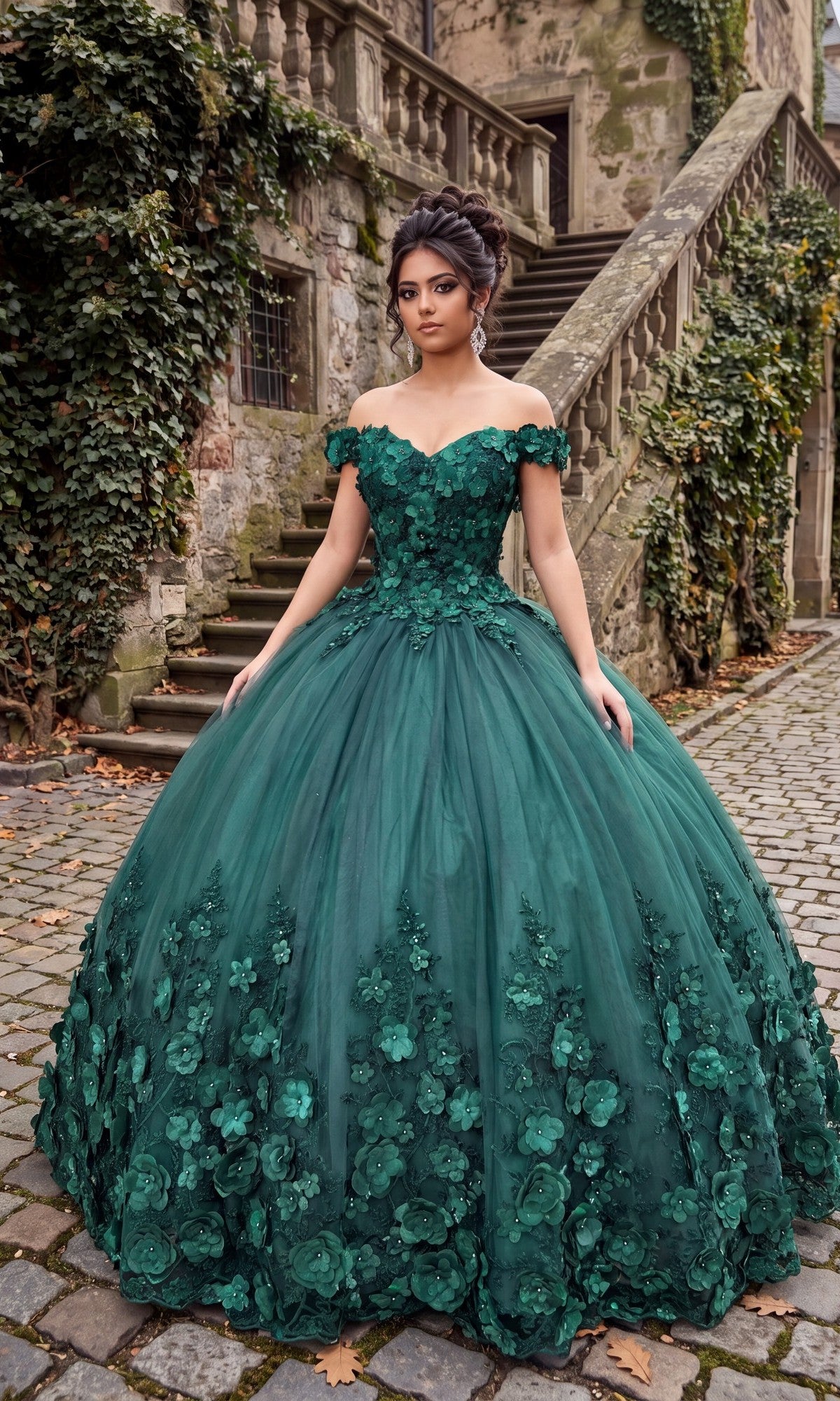 A woman stands on a cobblestone path in front of stone stairs and ivy-covered walls, wearing the Quinceanera Dress CHF3030 By Chicas—a green, off-the-shoulder gown adorned with delicate 3D floral accents.