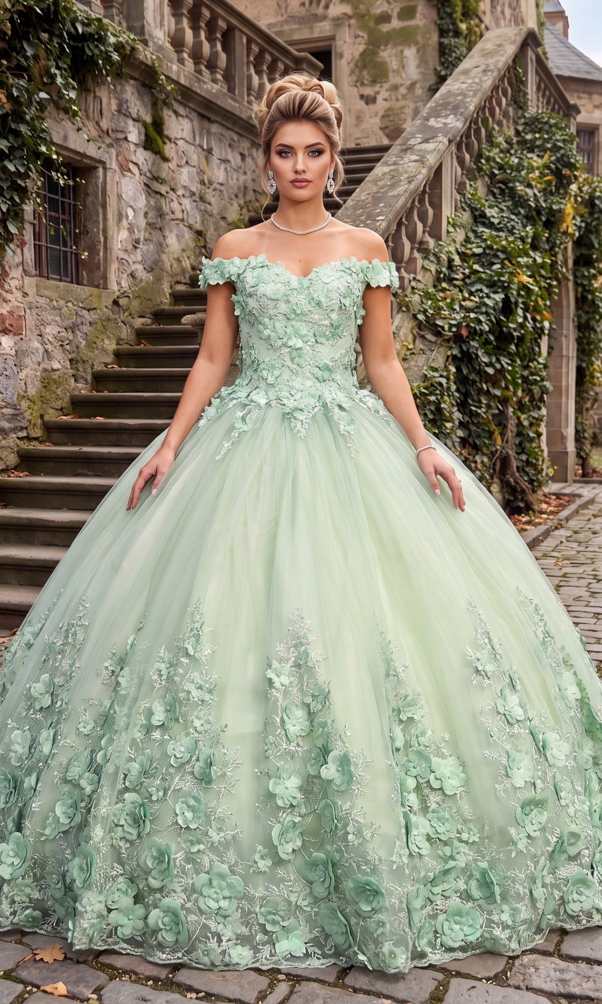 A woman wearing the Sage Quinceanera Dress CHF3030 By Chicas, featuring off-the-shoulder styling and 3D floral accents, stands on a stone path near ivy-covered old stone stairs.