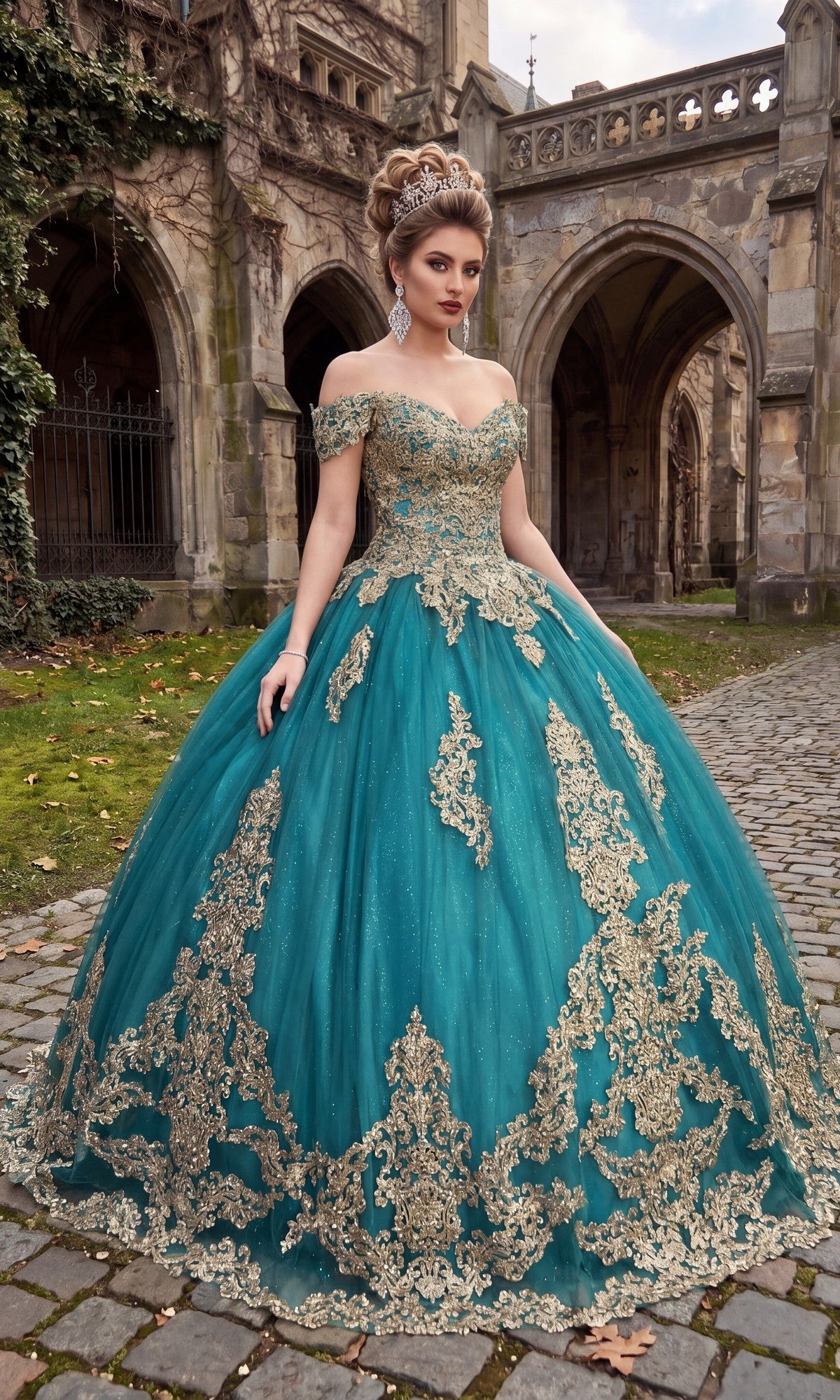 A woman in the Quinceanera Dress CHF3043 by Chicas, featuring an off-the-shoulder design with gold embroidery in a striking teal green/gold color, stands on a cobblestone path before an old stone building with arches. The shimmering ball gown’s delicate details create a stunning and elegant scene.