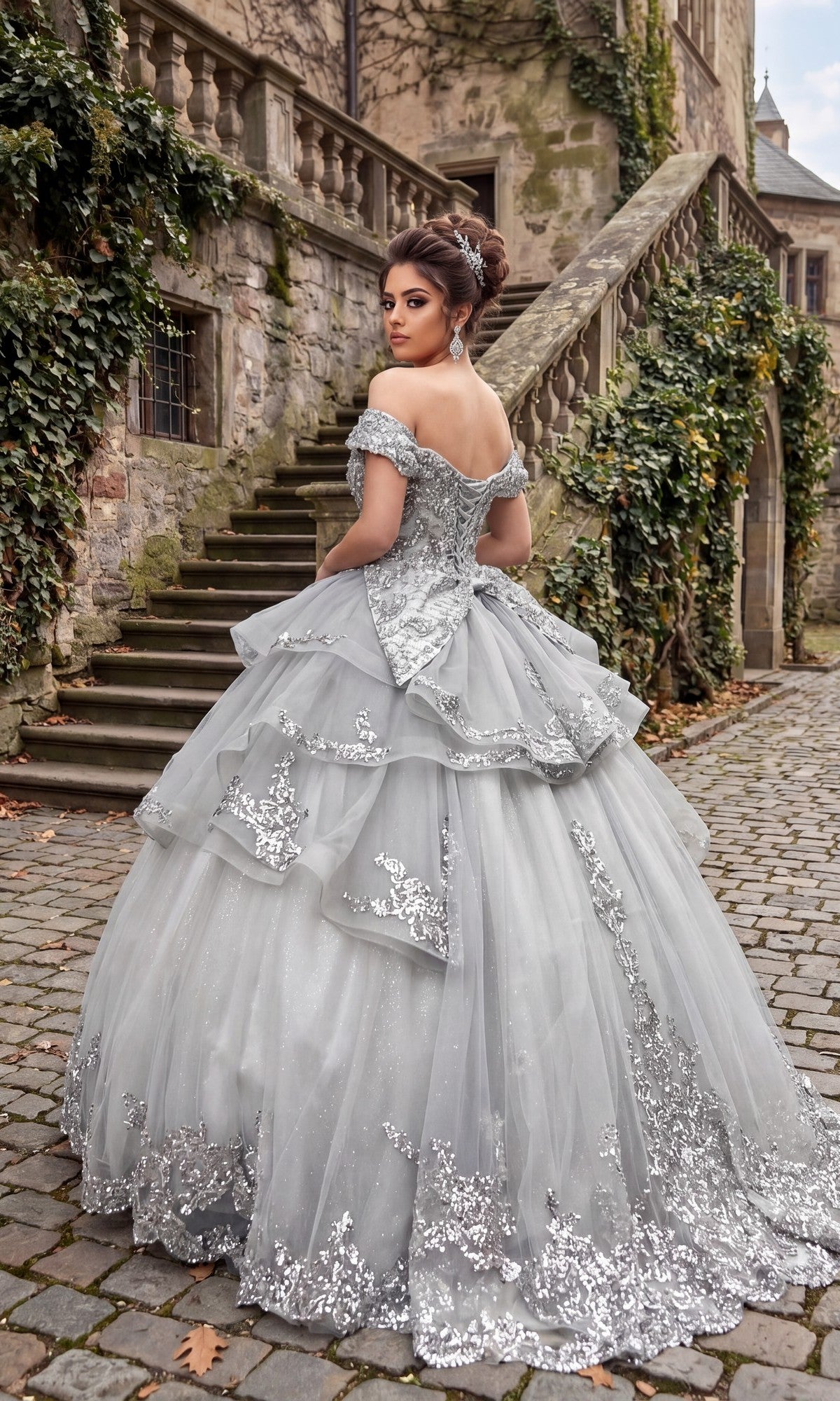 A woman wearing the Quinceanera Dress CHF3063 By Chicas, featuring layered tulle and sparkling embellishments, stands on a cobblestone path near stone stairs and an ivy-covered building, glancing over her shoulder.