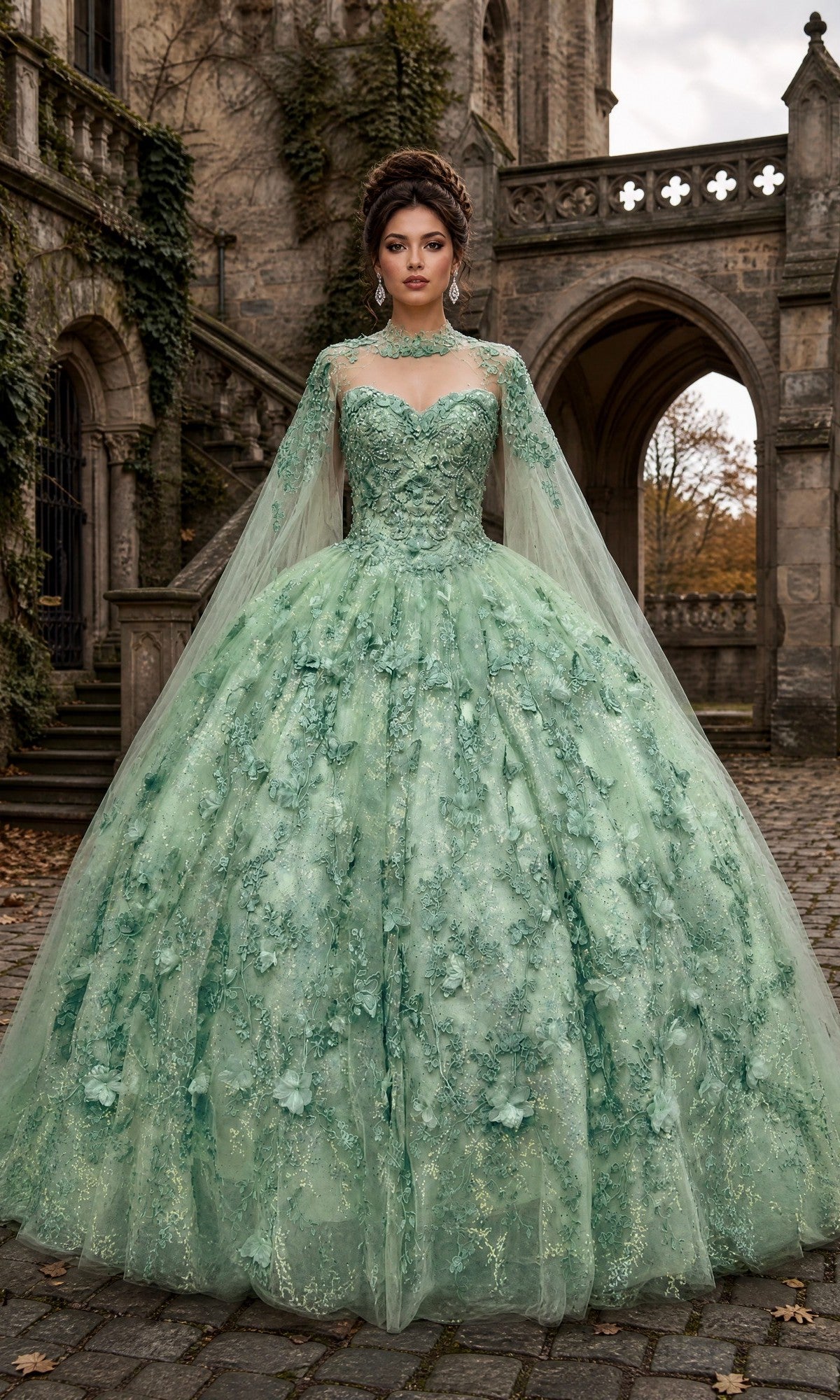 A woman wearing the Quinceanera Dress CHF3067 By Chicas in sage, featuring a glitter tulle skirt, lace appliqué, and sheer sleeves, stands on a stone courtyard in front of an old building.