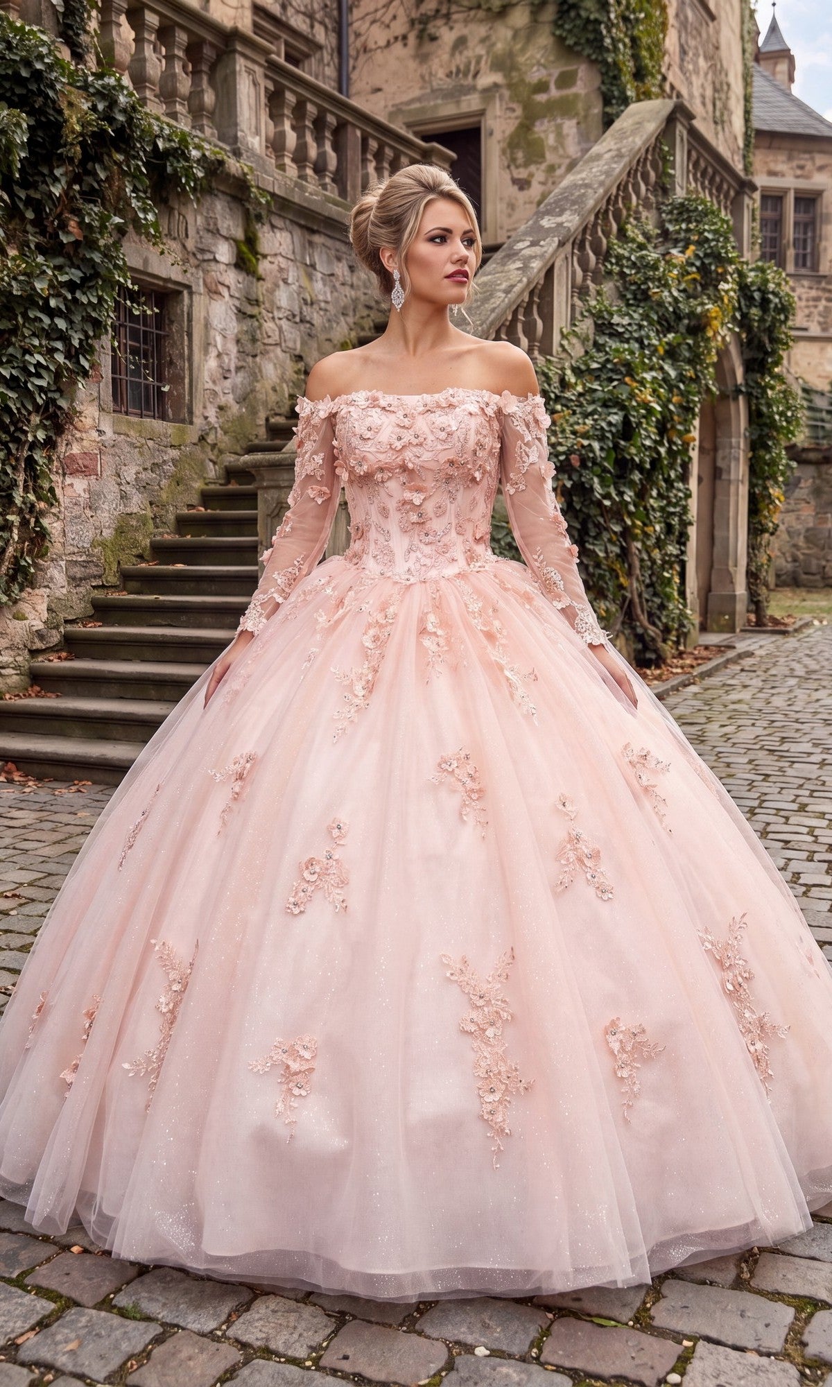 A woman in the Quinceanera Dress CHF3076 By Chicas, featuring an ornate off-the-shoulder design in blush, stands on a cobblestone path near stone stairs and an ivy-covered historic building.