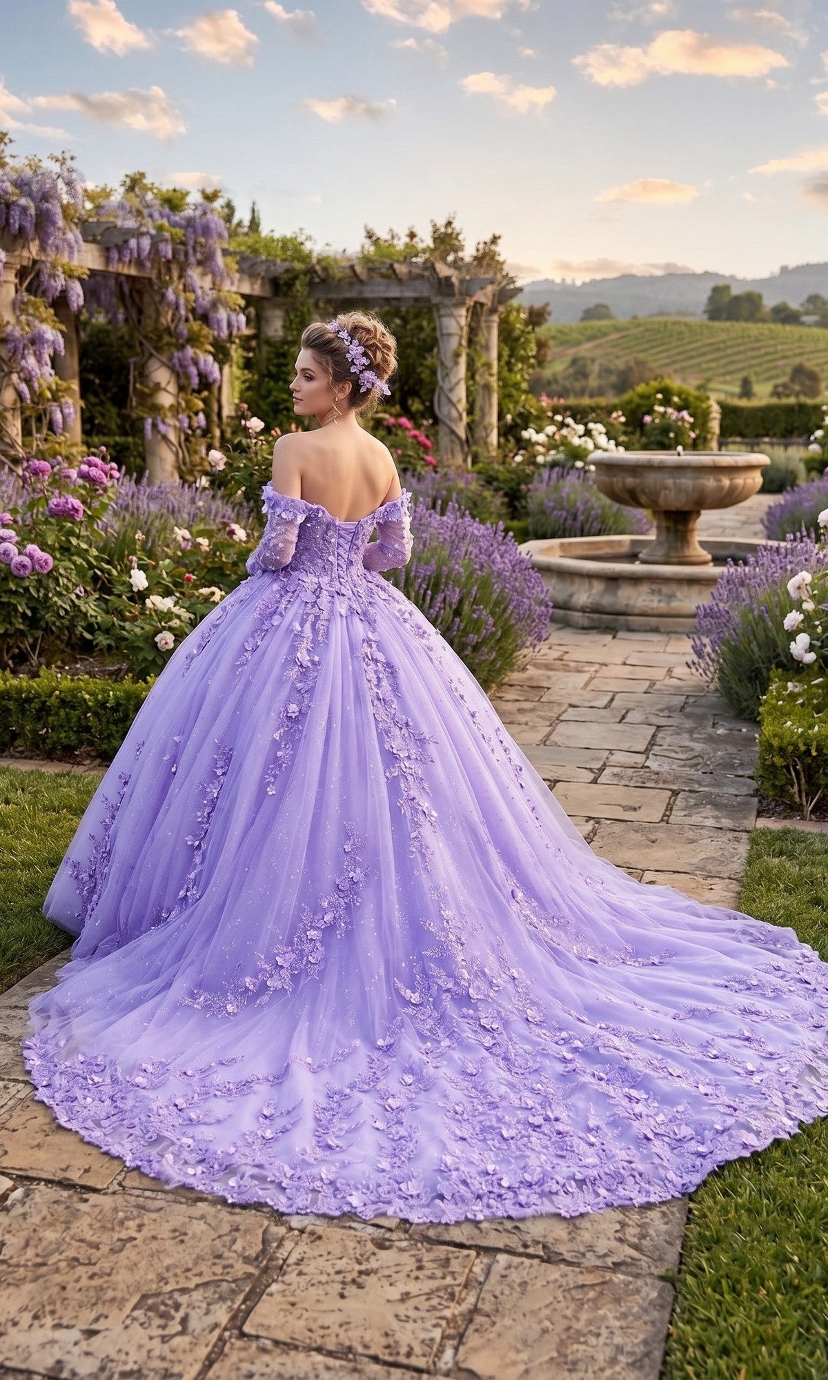 Wearing the Quinceanera Dress CHF3102 By Chicas, a woman stands on a stone path in a garden, her back turned toward blooming flowers and a fountain. The off-the-shoulder gown features 3D floral appliques, and the tulle ballgown skirt trails gracefully behind her.