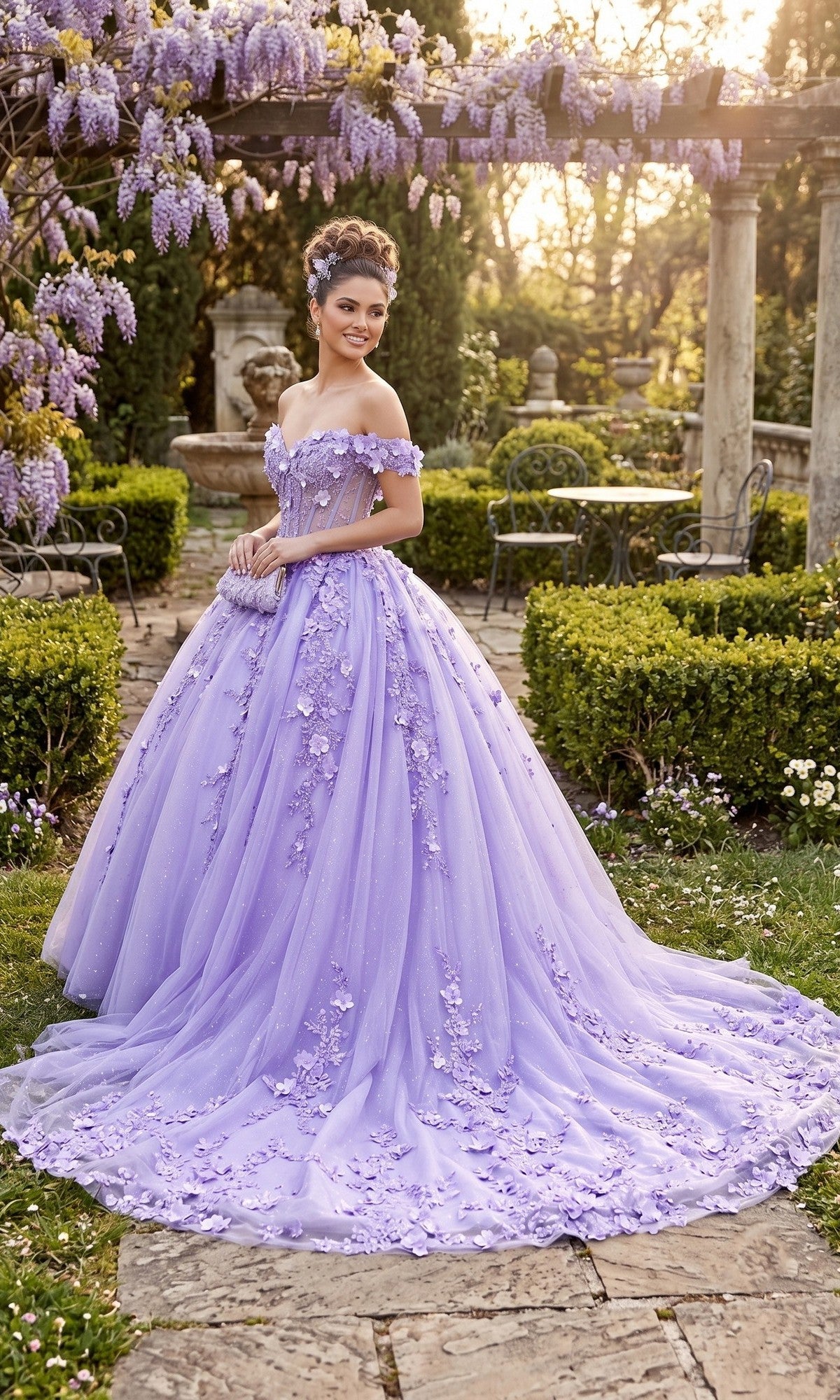 Wearing the Quinceanera Dress CHF3102 By Chicas, a woman stands in a garden of blooming wisteria framed by stone columns and manicured hedges. The off-the-shoulder gown, embellished with 3D floral appliques and featuring a lilac tulle ballgown skirt, beautifully complements the romantic ambiance of the setting.