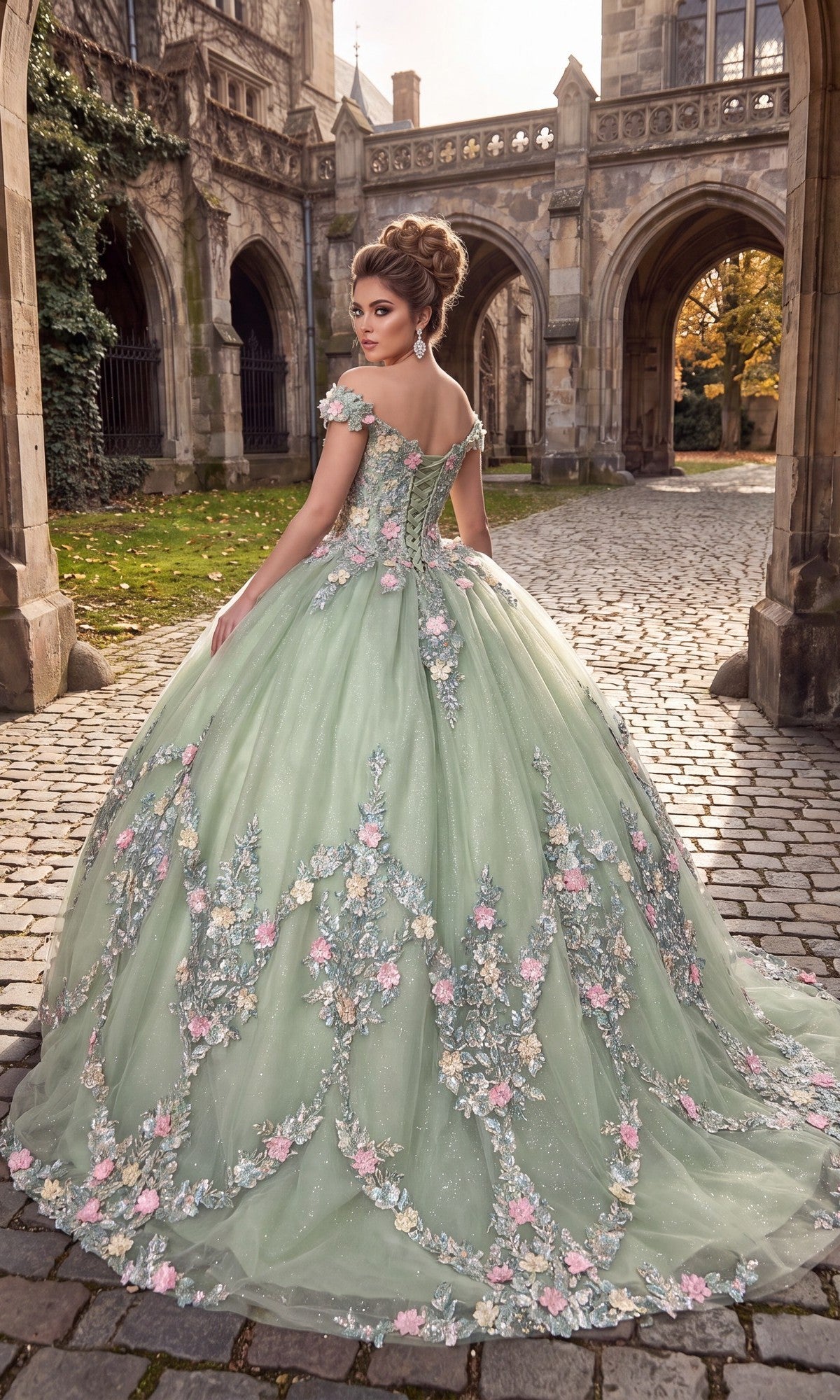 A woman in the Quinceanera Dress CHF3109 By Chicas, featuring green fabric with floral embellishments and an off-the-shoulder design, stands on a cobblestone path before a historic stone building, glancing over her shoulder.