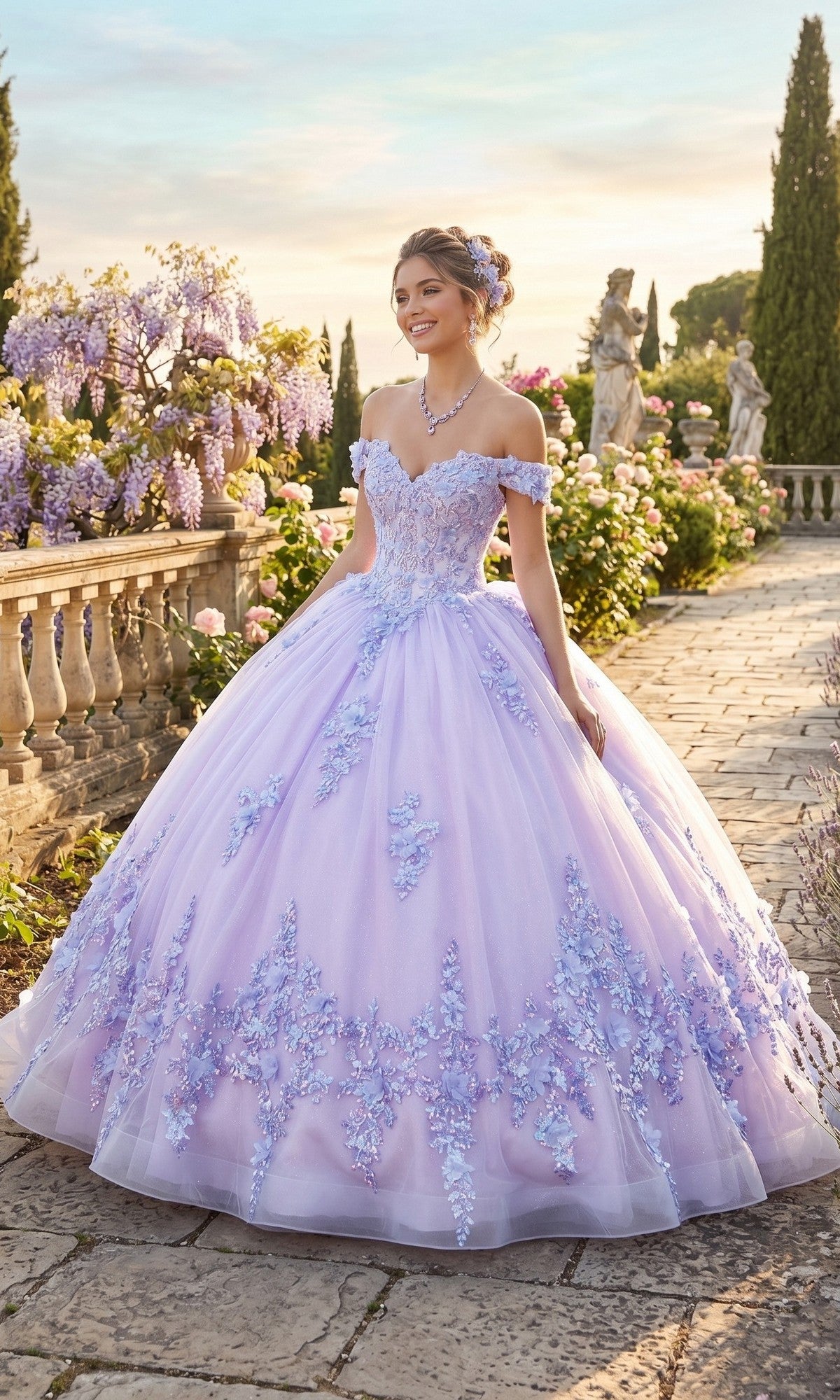 A woman in the Quinceanera Dress CHF3124 By Chicas, a lilac ballgown adorned with stunning 3D floral accents, stands on a stone path in a formal garden surrounded by flowers and statues.