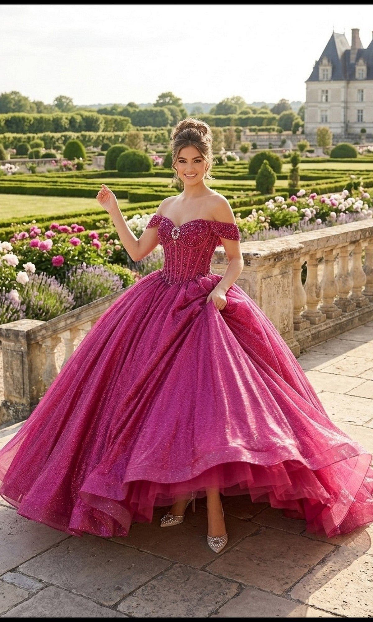 A woman wearing the Quinceanera Dress CHF3125 By Chicas in sparkling fuchsia with a corset bodice stands in a formal garden, surrounded by manicured hedges, a stone railing, and a large building in the background.