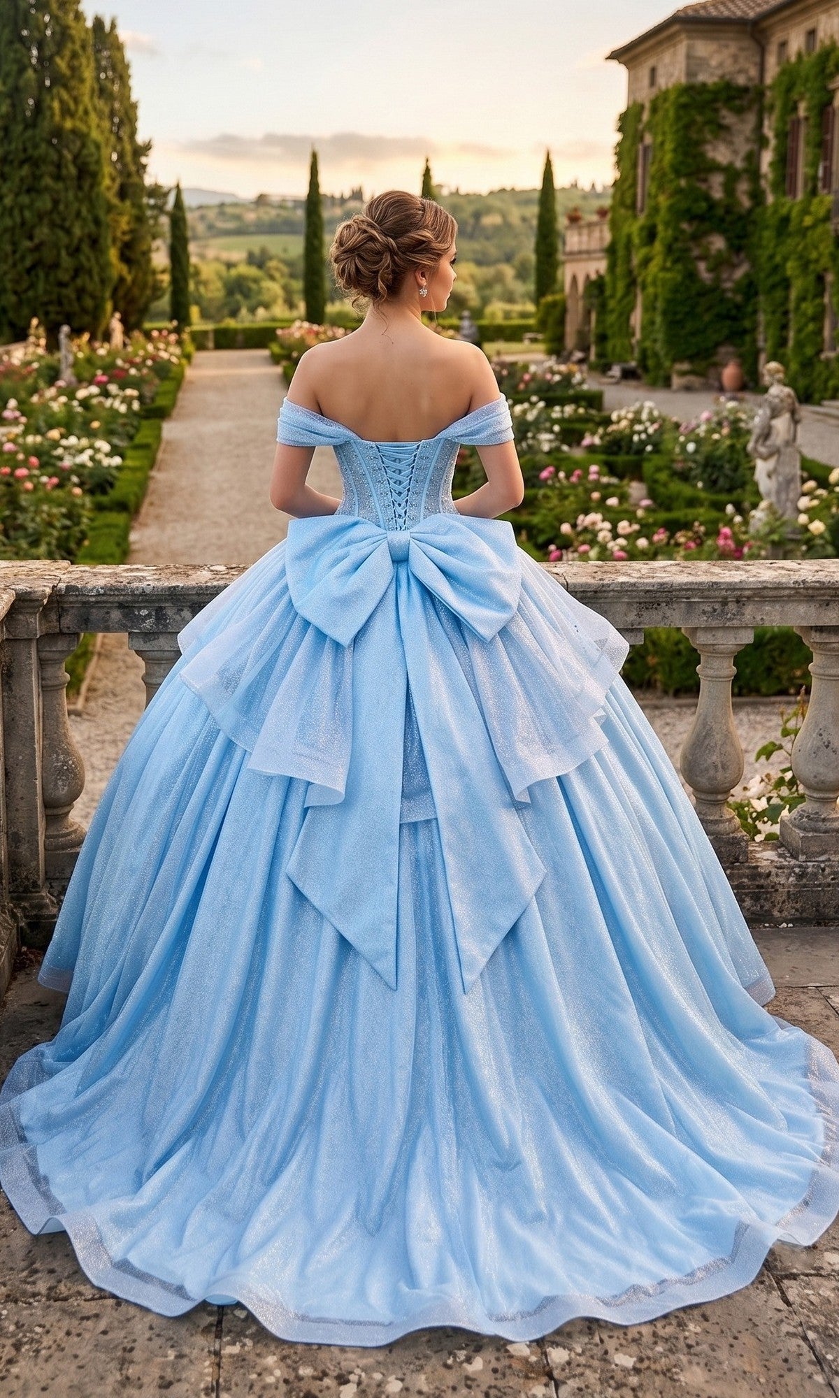 Wearing the Quinceanera Dress CHF3125 By Chicas—a light blue, off-the-shoulder gown featuring a corset bodice and a large bow—a woman stands on a stone terrace overlooking formal gardens at sunset.