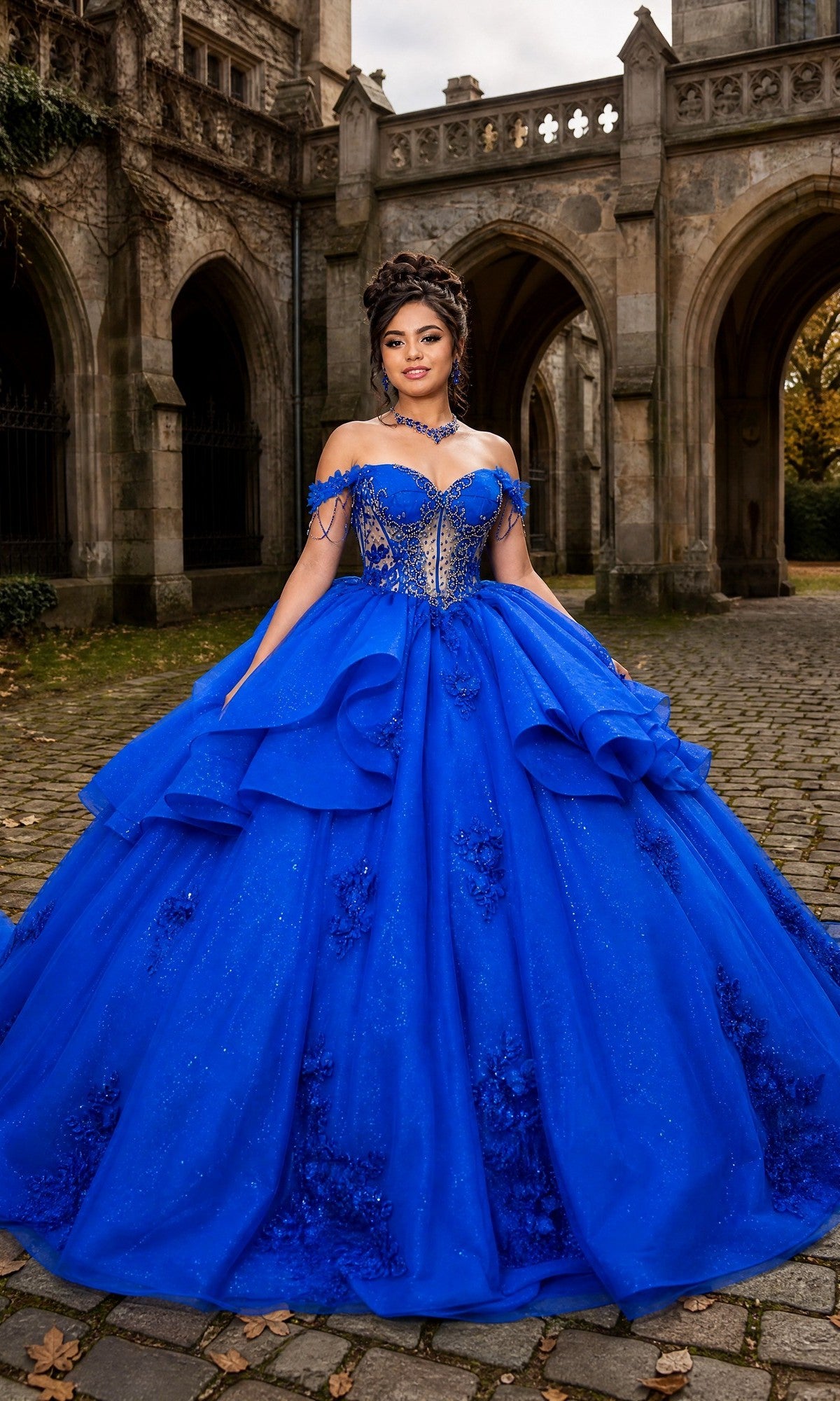 A woman stands on cobblestone in front of a stone building, wearing the Quinceanera Dress CHF3132 By Chicas in Royal—an elaborate off-the-shoulder ball gown adorned with delicate floral lace appliques and intricate detailing.
