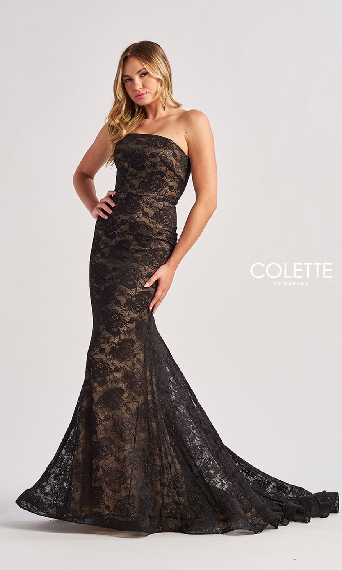A woman poses against a white background wearing the Long Prom Dress: Colette CL8670—a strapless, floor-length black lace mermaid gown with a fitted bodice and flared skirt. The