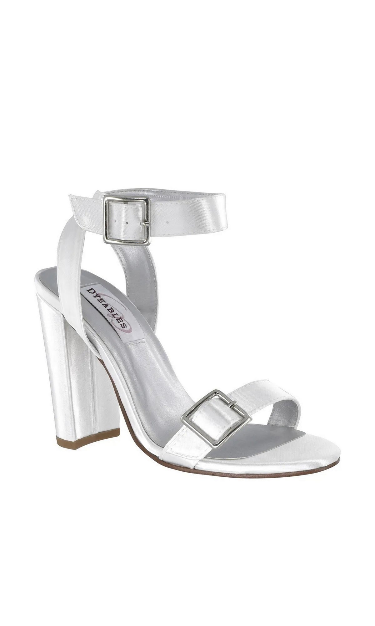 Calista White Block Heel Prom Shoes: Dyeables 4438 white satin block-heel sandals with an ankle strap and a buckle at the toe.