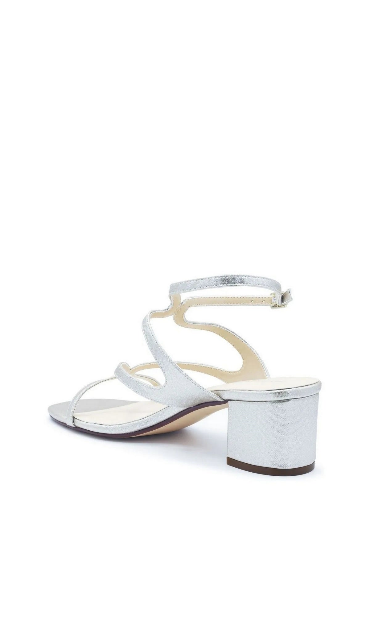 Cora Silver Block Heel Prom Shoes: Touch Ups 4722 are silver strappy open toe sandals with an ankle strap and a low block heel.